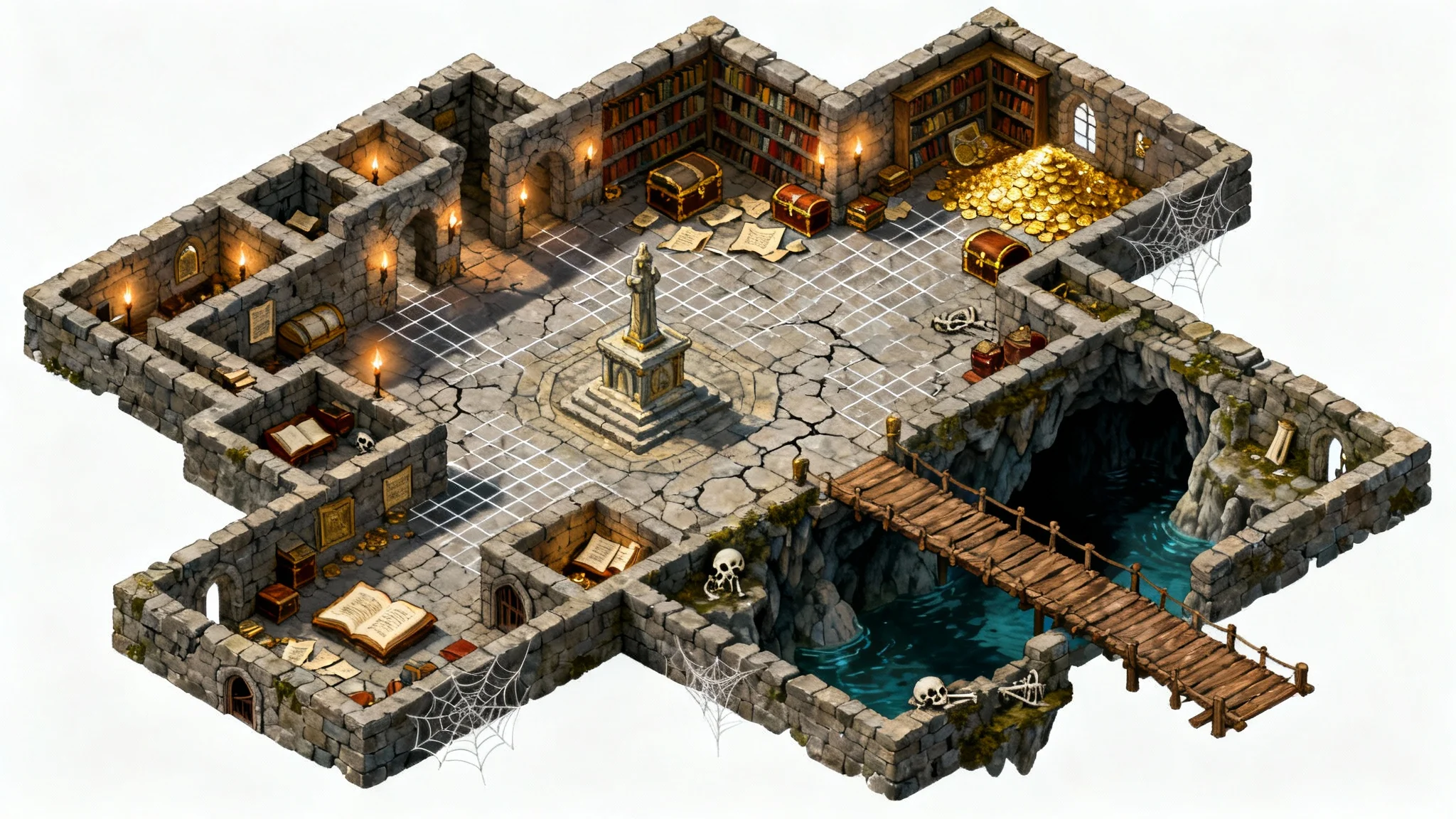 An isometric, top-down view of a complex fantasy dungeon map, showcasing various rooms, corridors, treasure, and traps, presented on a white background.
