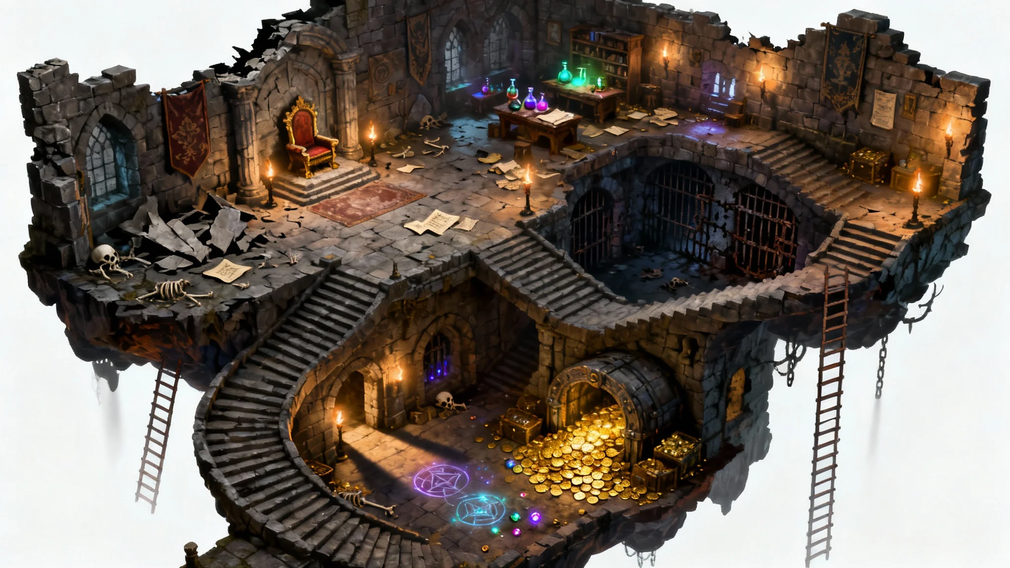 An isometric illustration of a detailed, multi-level fantasy dungeon, showing various rooms like a throne room and a treasure vault, set against a plain white background.