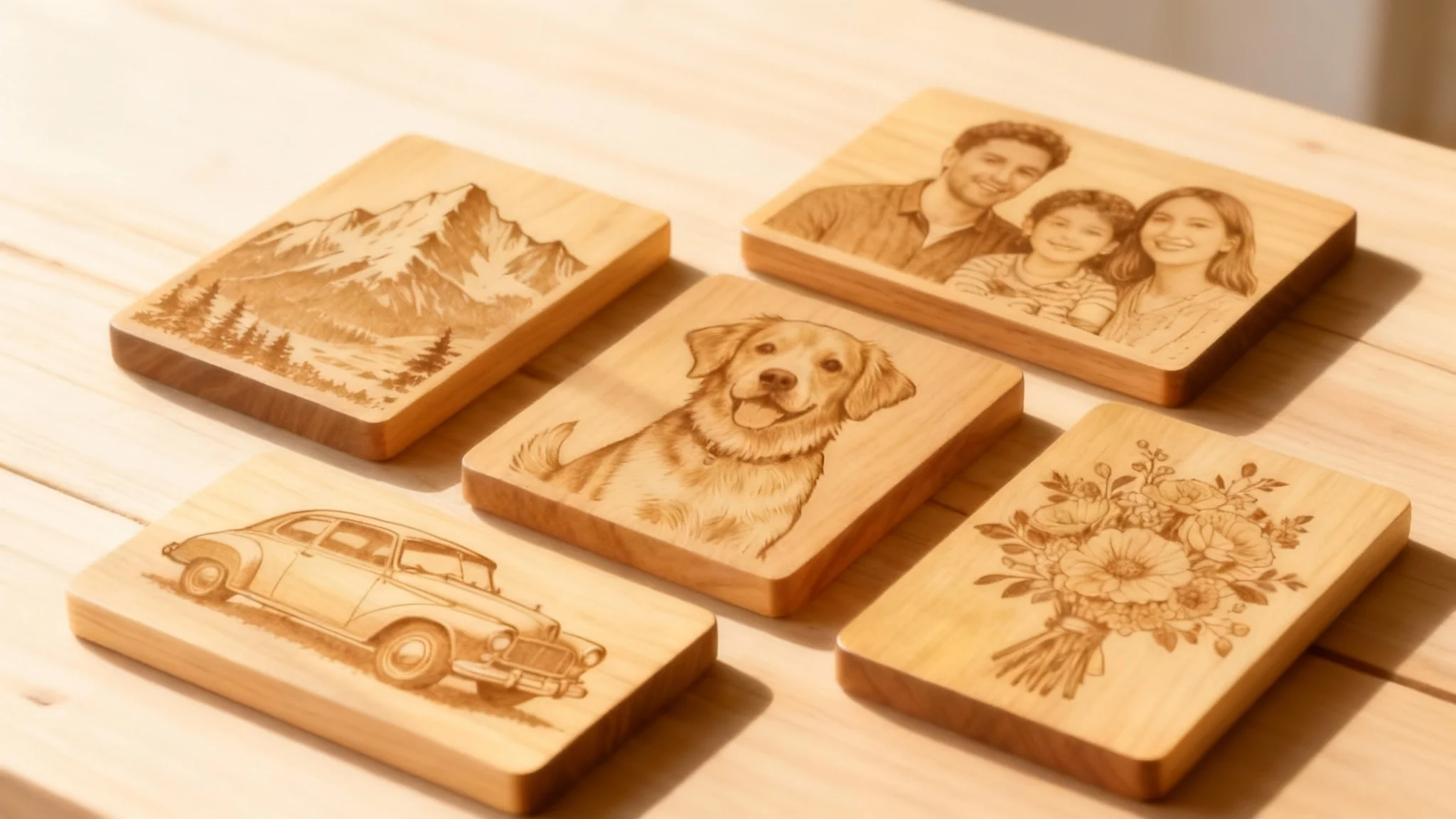 A collection of five wooden plaques showcasing high-quality laser engravings of a landscape, a family, a dog, a vintage car, and flowers, arranged attractively on a light wood surface.