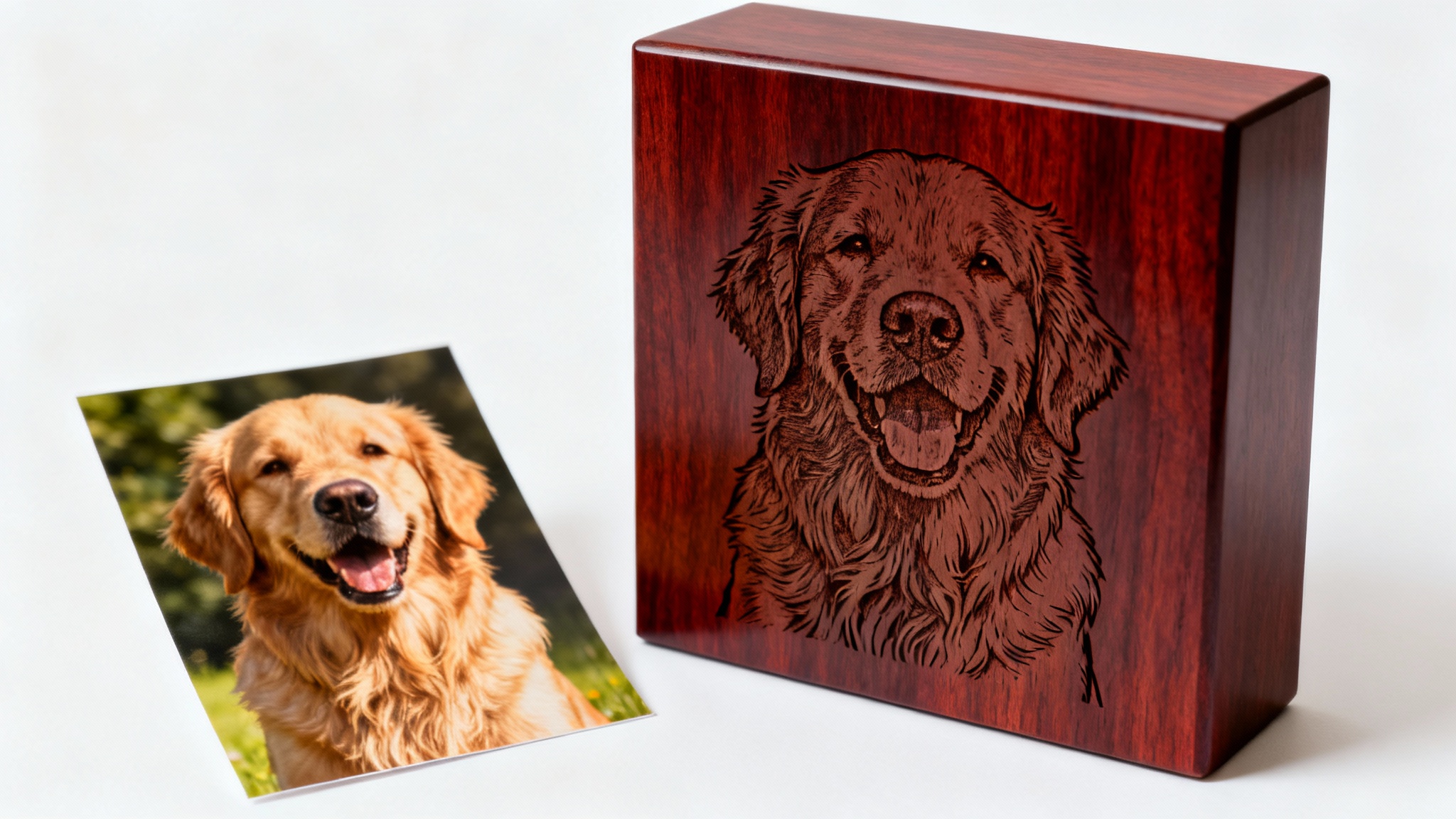 A side-by-side comparison showing a color photograph of a golden retriever next to a beautifully detailed laser engraving of the same photo on a dark wooden plaque, set against a clean white background.