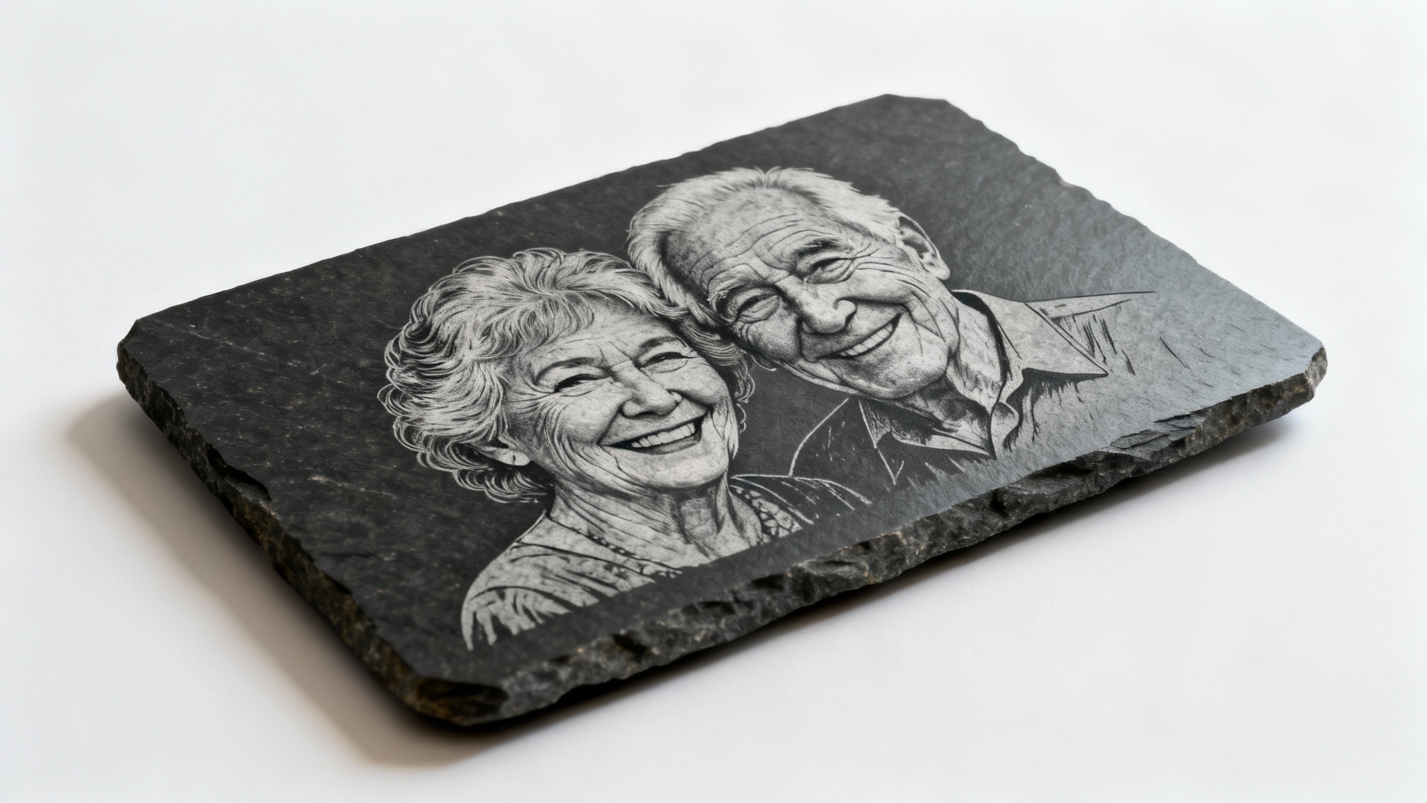 A photorealistic laser engraving of an elderly couple's portrait on a rectangular dark slate plaque, shown at an angle on a clean white background.