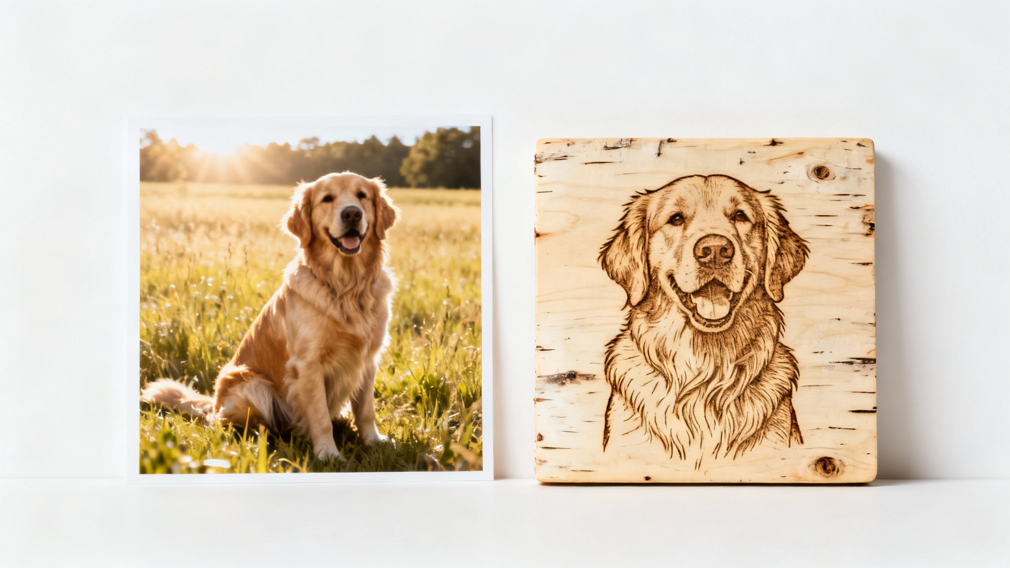 A side-by-side comparison of a color photo of a golden retriever and a detailed laser engraving of the same image on a square wooden plaque, displayed against a clean white background.