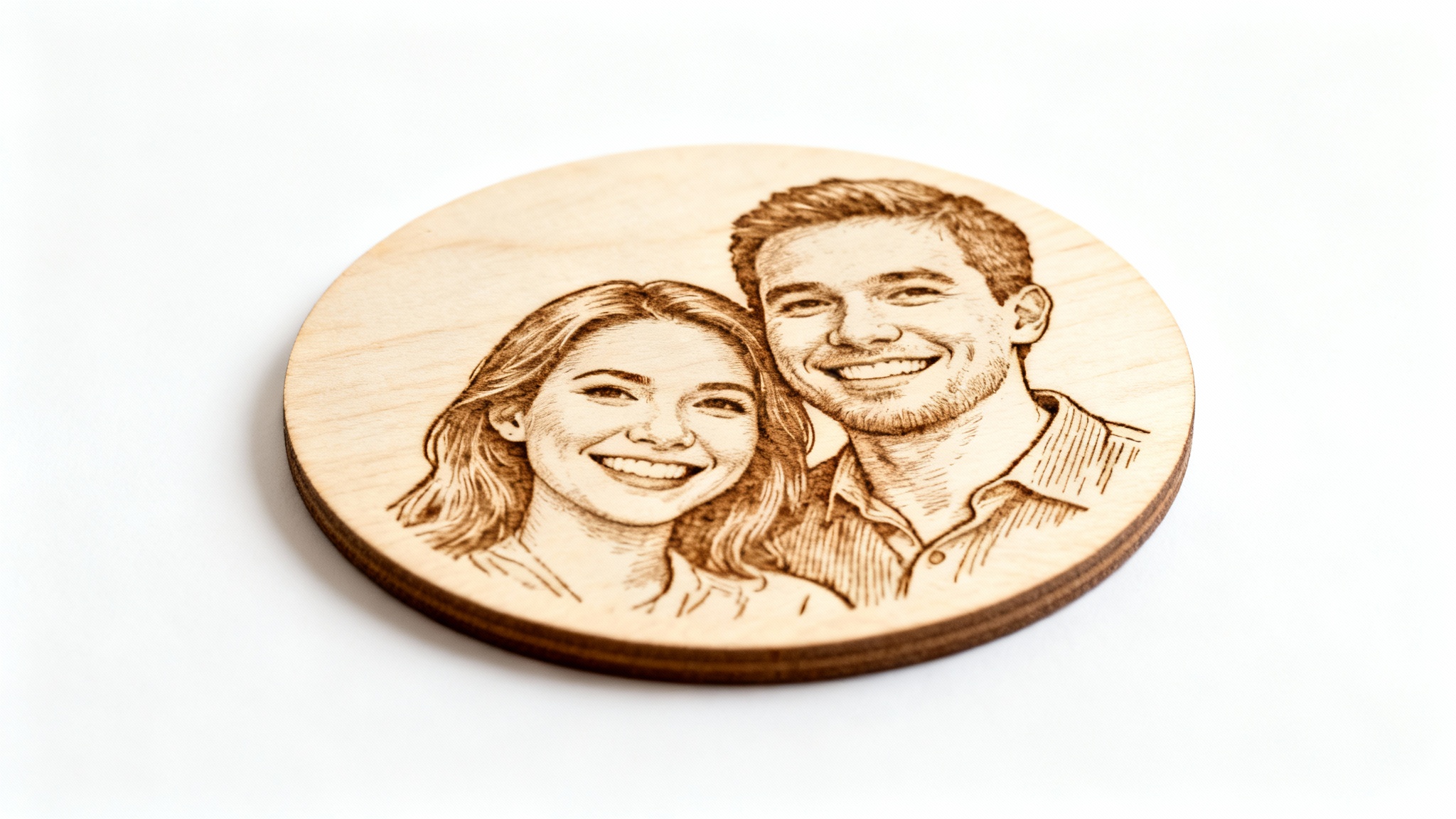 A close-up shot of a wooden coaster laser-engraved with a detailed portrait of a couple, showcased against a clean white background.