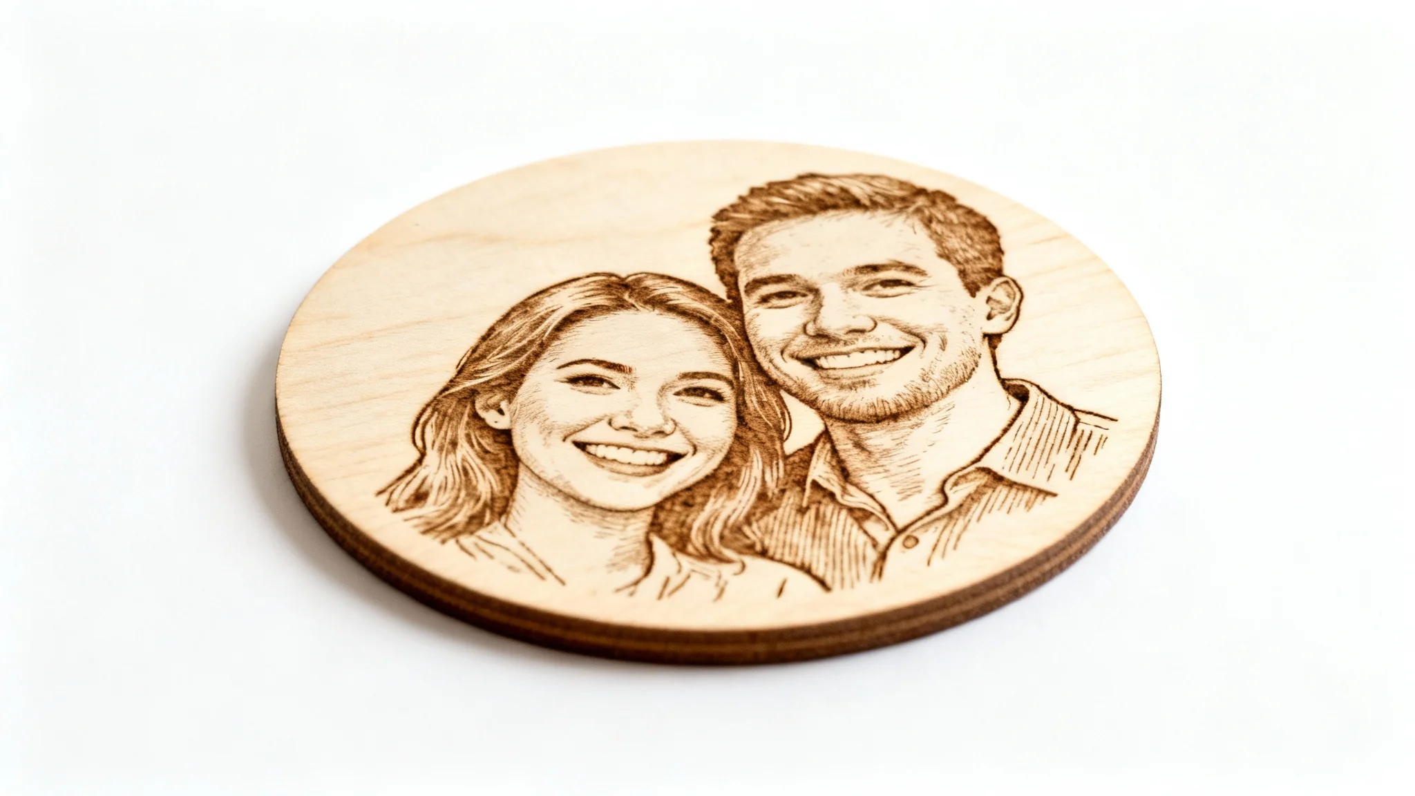 A close-up shot of a wooden coaster laser-engraved with a detailed portrait of a couple, showcased against a clean white background.