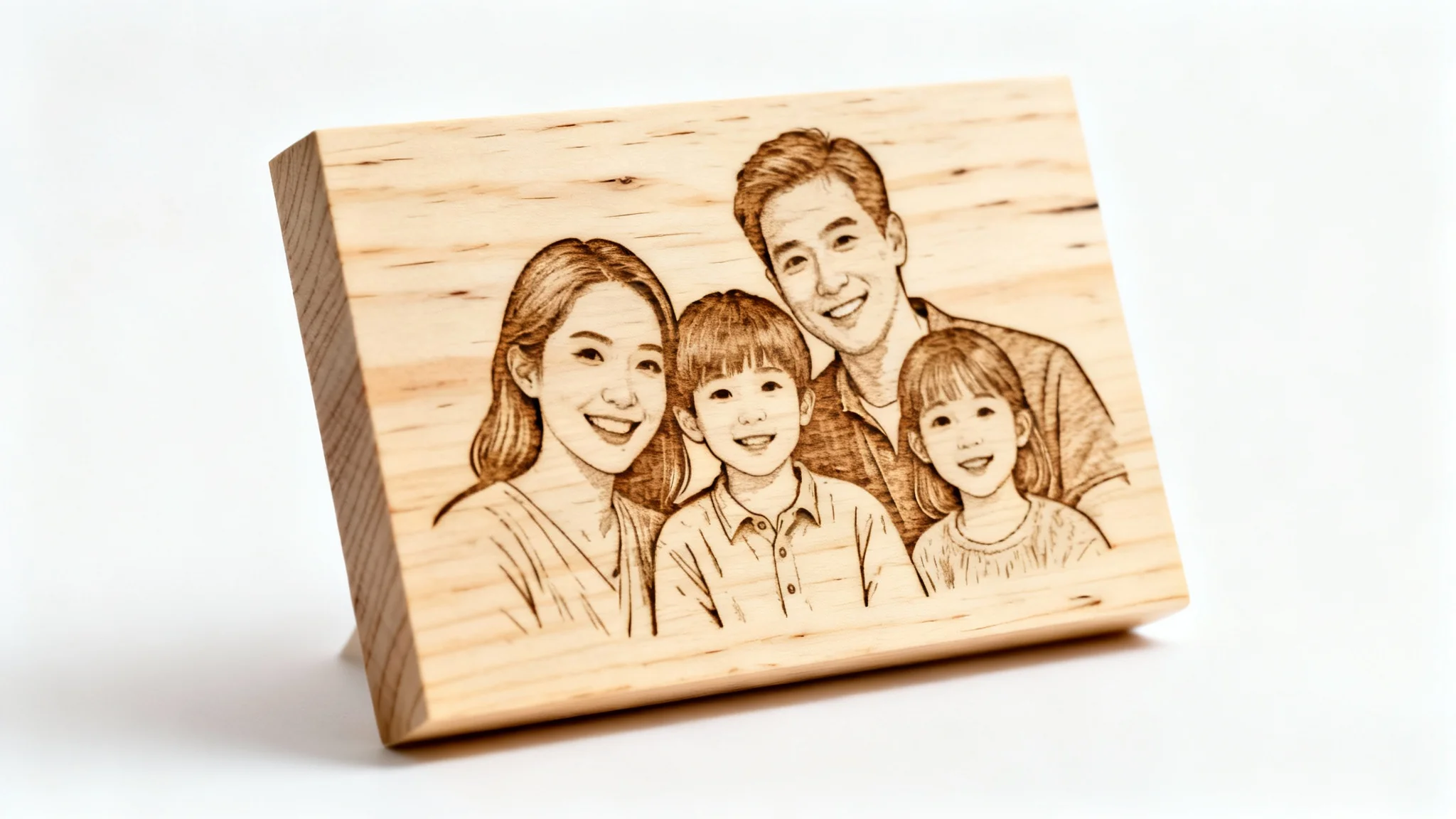 A photorealistic mockup of a laser engraving on a light wooden plaque, showing a detailed portrait of a family, set against a plain white background.