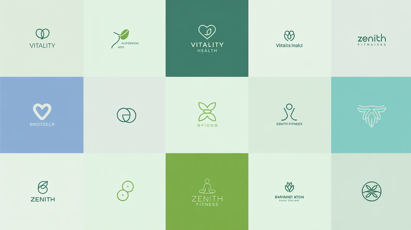 A collection of professionally designed health and wellness logos arranged in a grid, showcasing various modern design styles and concepts like hearts, leaves, and abstract figures.