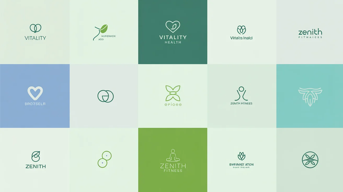 A collection of professionally designed health and wellness logos arranged in a grid, showcasing various modern design styles and concepts like hearts, leaves, and abstract figures.