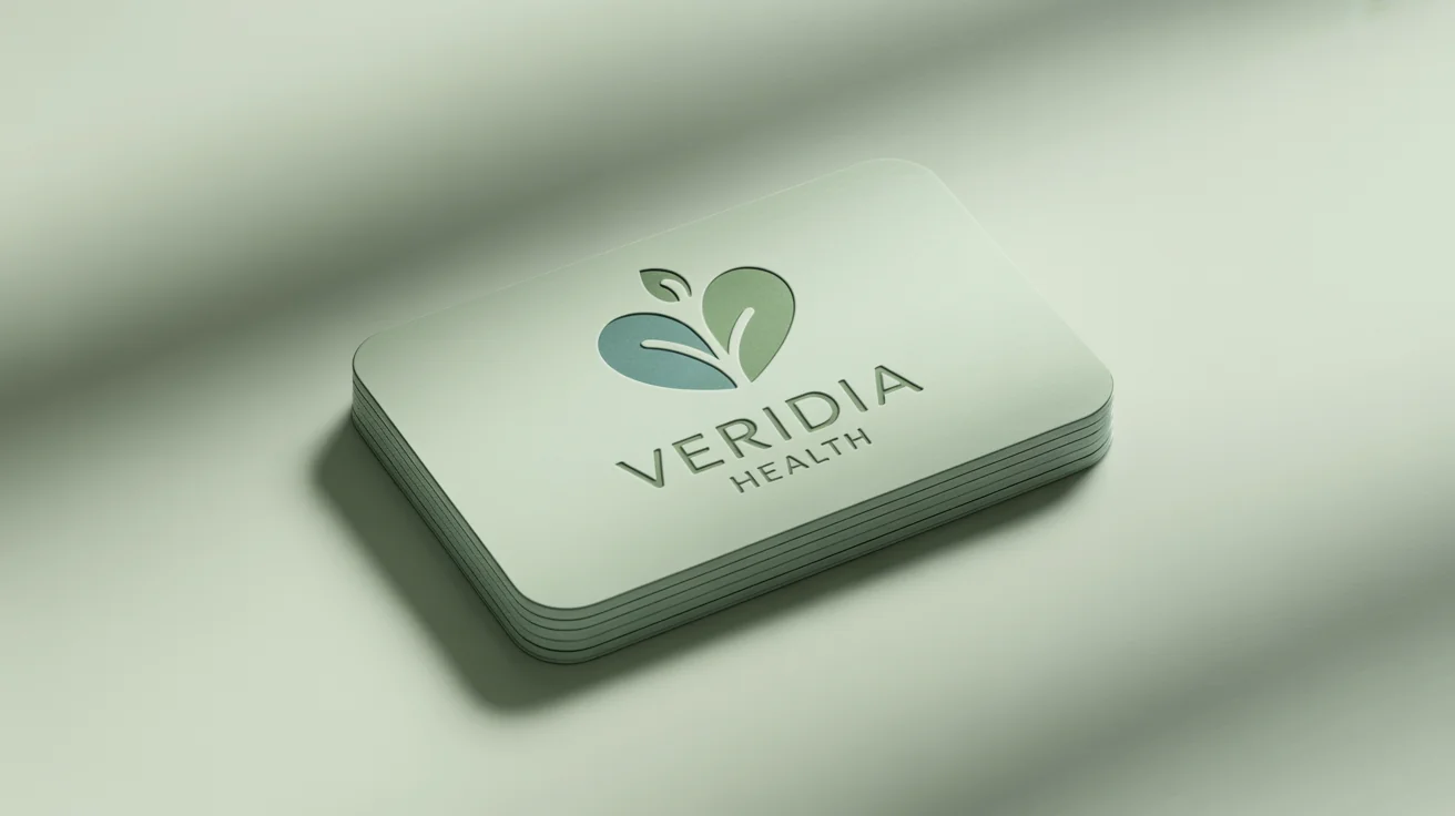 A professional mockup of a health logo for 'Veridia Health' on a business card, featuring a minimalist heart and leaf icon in green and blue on a clean white background.