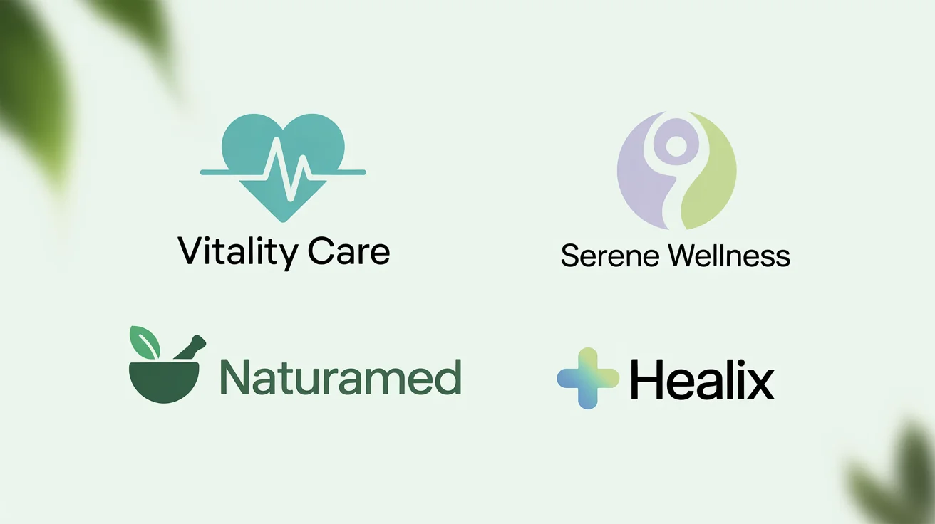 A collection of four modern health and wellness logos displayed on a white background, showcasing different design styles for the healthcare industry including a heart with an EKG line, a figure in a yoga pose, a leaf with a mortar and pestle, and a modern cross symbol.