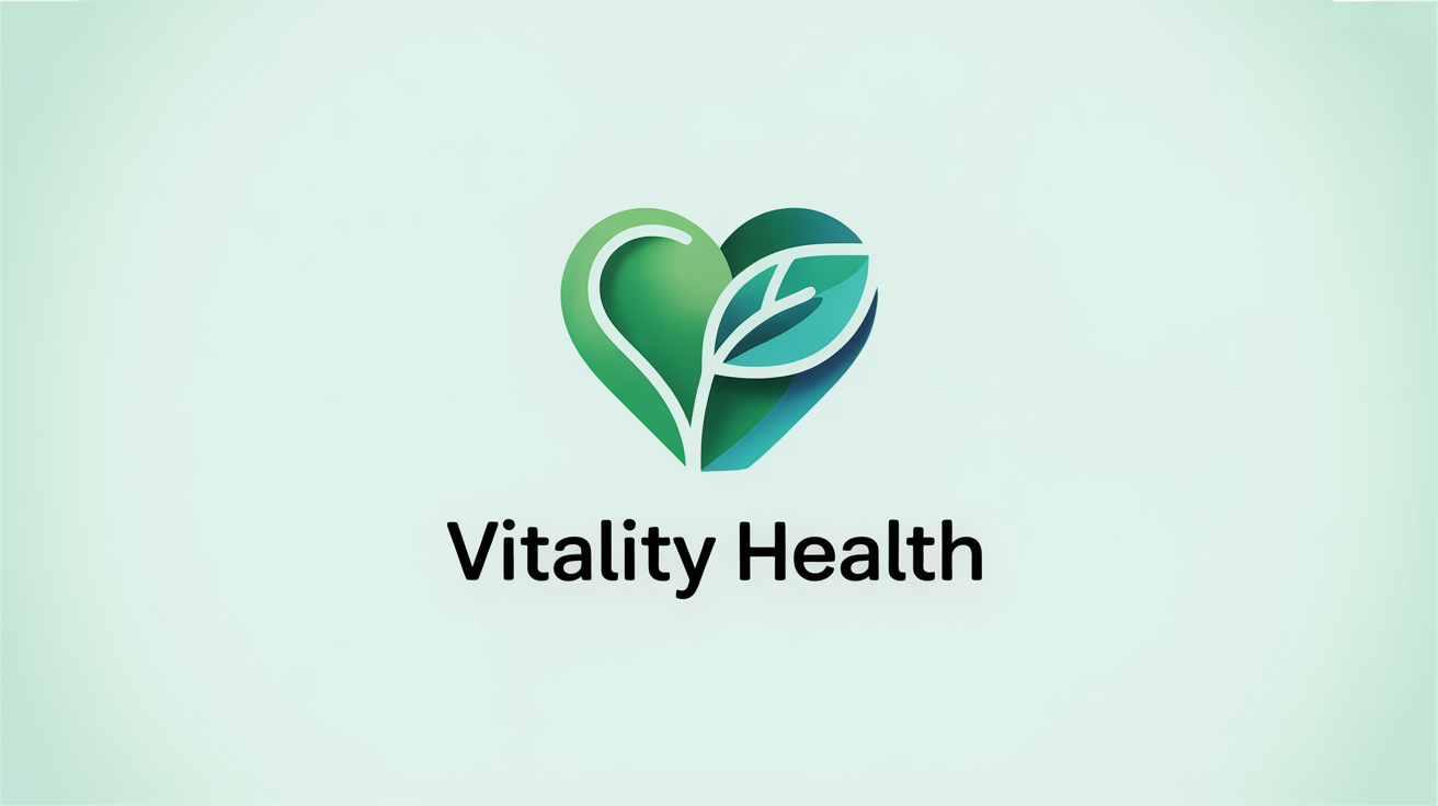 A modern health logo for a fictional brand, 'Vitality Health'. The logo features a green and teal icon combining a heart and a leaf, presented on a clean white background.