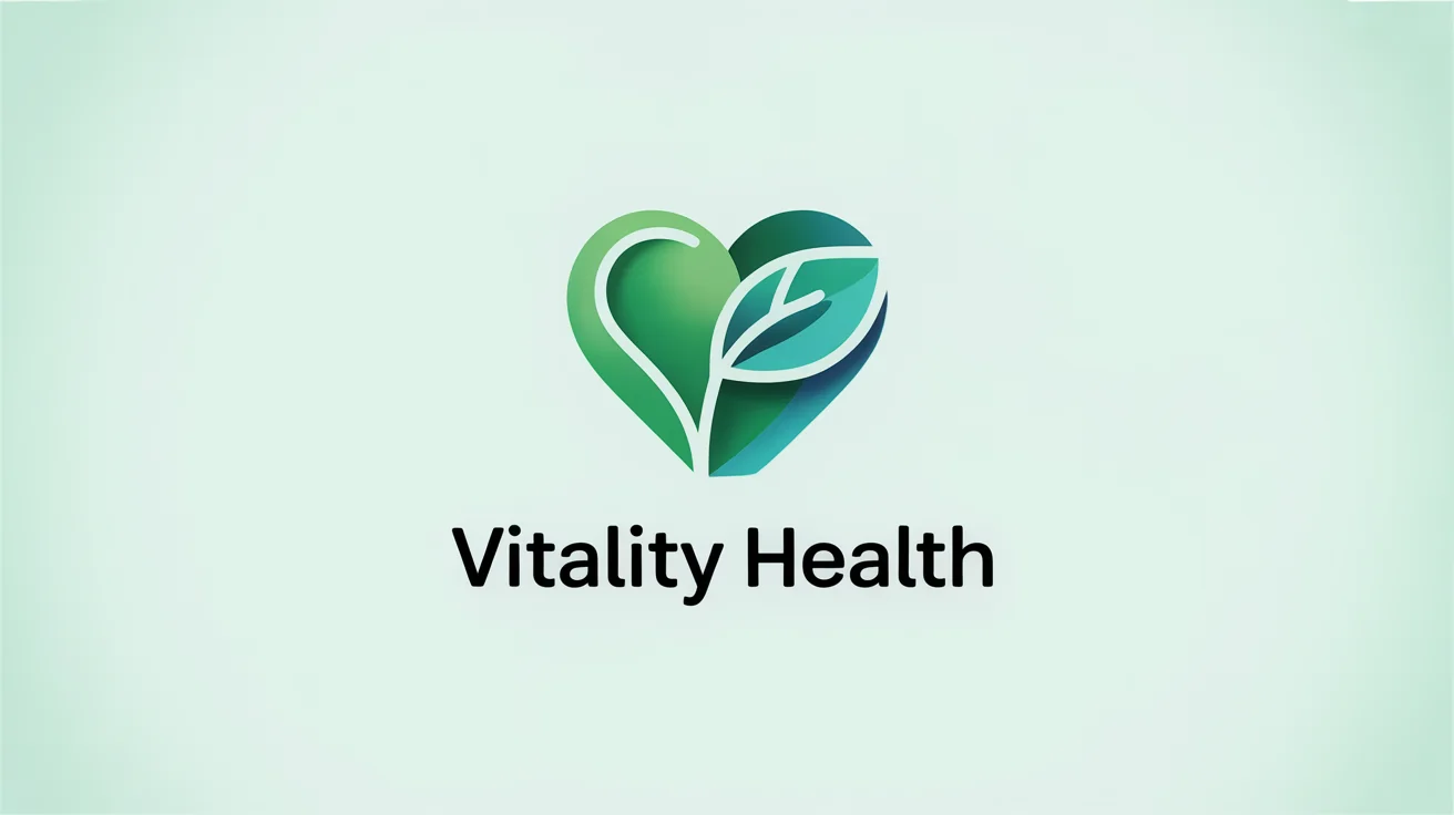 A modern health logo for a fictional brand, 'Vitality Health'. The logo features a green and teal icon combining a heart and a leaf, presented on a clean white background.