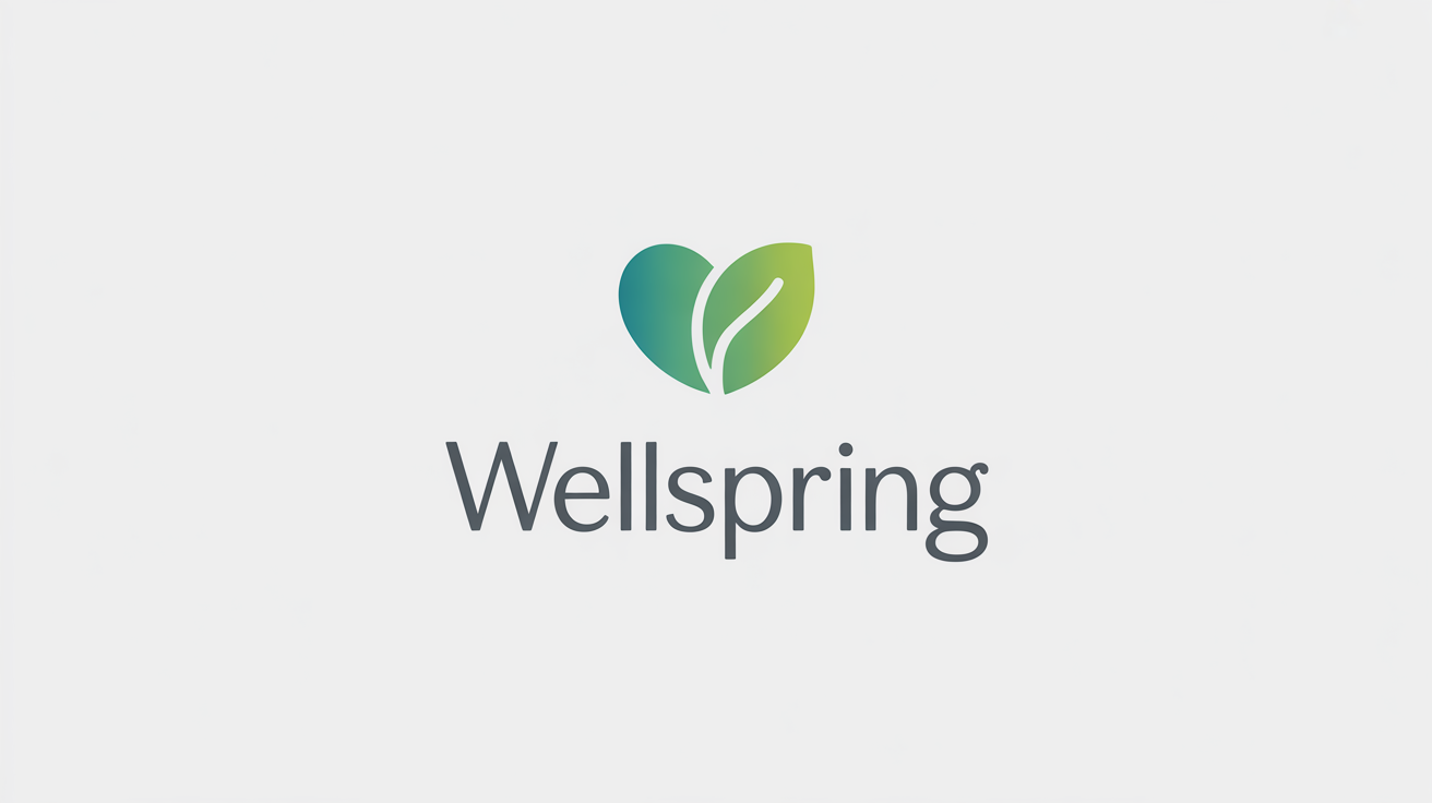 A modern, minimalist health logo for a fictional company named 'Wellspring'. The logo features a teal and green icon that combines a heart and a leaf, set against a plain white background.