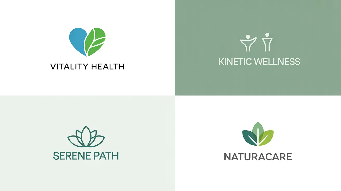 A showcase of four modern health logo designs on a white background, featuring concepts like a heart and leaf, a dynamic figure, a lotus flower, and a leafy cross, each with a fictional brand name.
