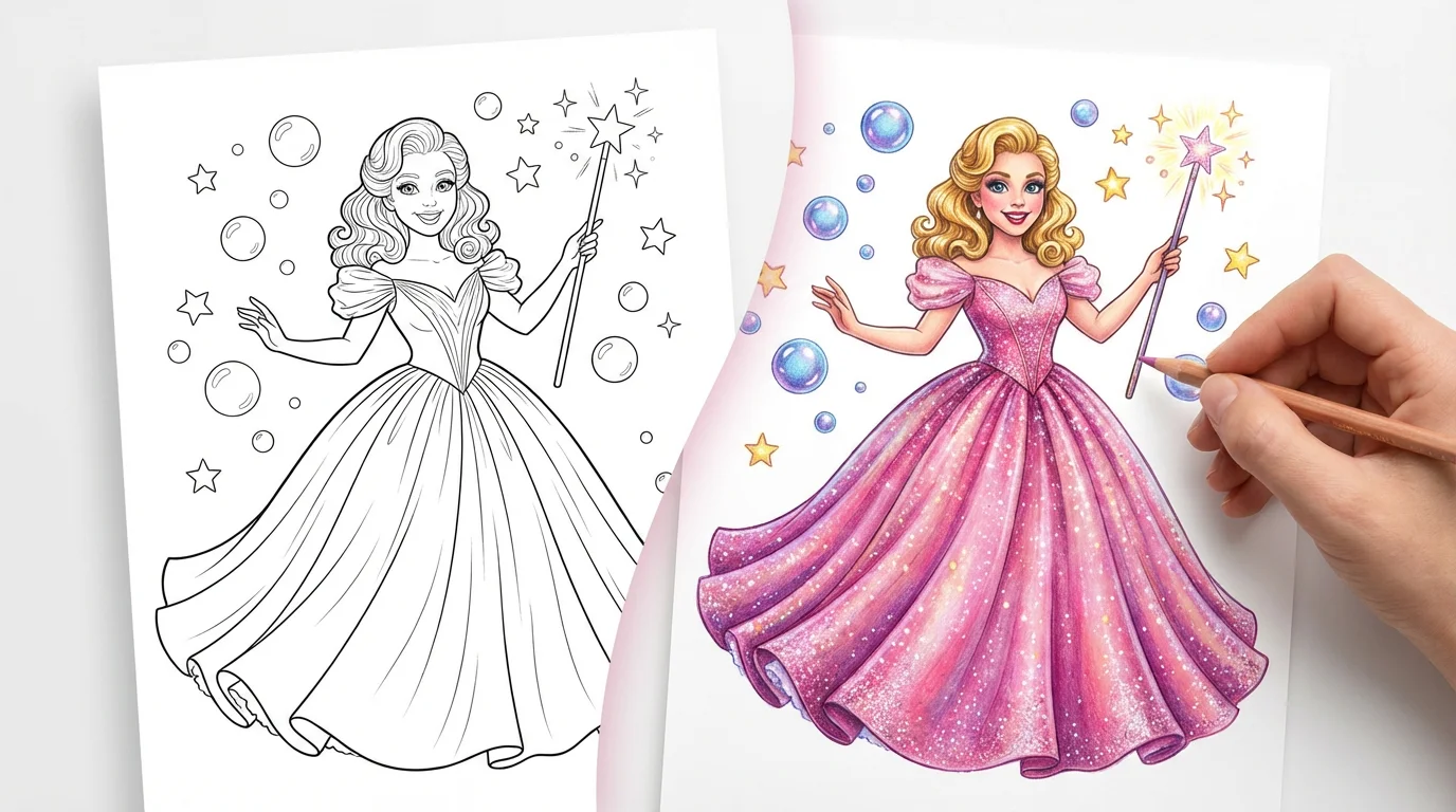 A hero image showing a before-and-after of a coloring page. On one side is the black and white line art of Glinda the Good Witch, and on the other, the same image is beautifully colored in with vibrant pinks, golds, and sparkles.
