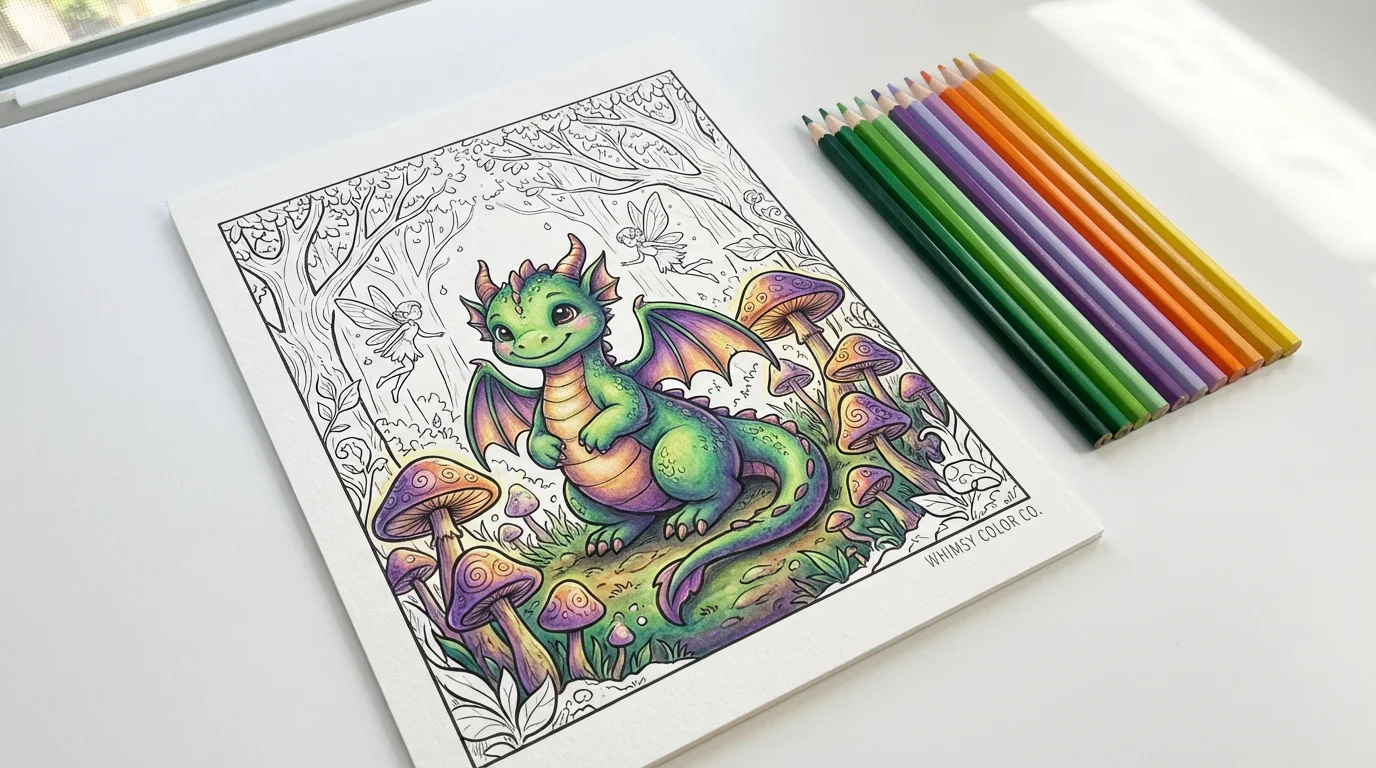 A partially colored-in coloring page featuring an intricate drawing of a friendly dragon in an enchanted forest. Several colored pencils are laid next to the page on a clean white background, showcasing the creative activity.