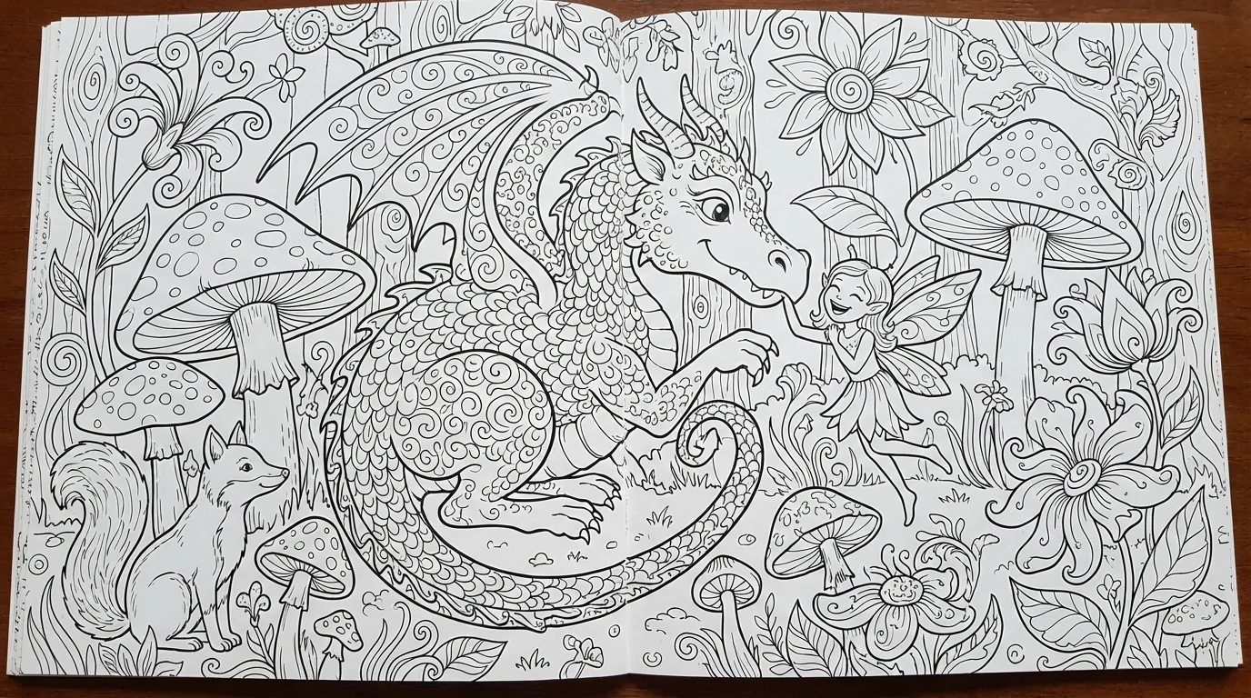 A black and white line art coloring page mockup showing an enchanted forest. A large, friendly dragon is at the center, with a small fairy, a fox, and various magical plants and mushrooms, all ready to be colored in.