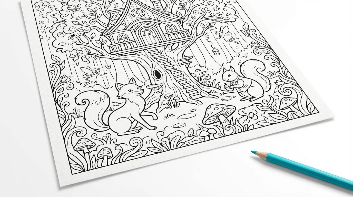 A black and white coloring page with an intricate design of an enchanted forest and a treehouse, laid flat on a white surface with a single cyan colored pencil resting on it.