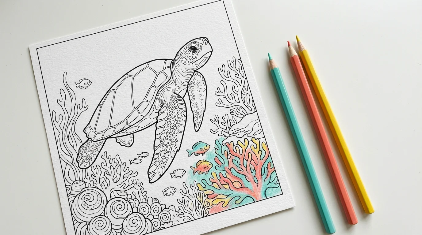 A top-down view of a detailed black-and-white coloring page of a sea turtle and coral reef, partially colored in with vibrant pencils that lie next to it on a white background.