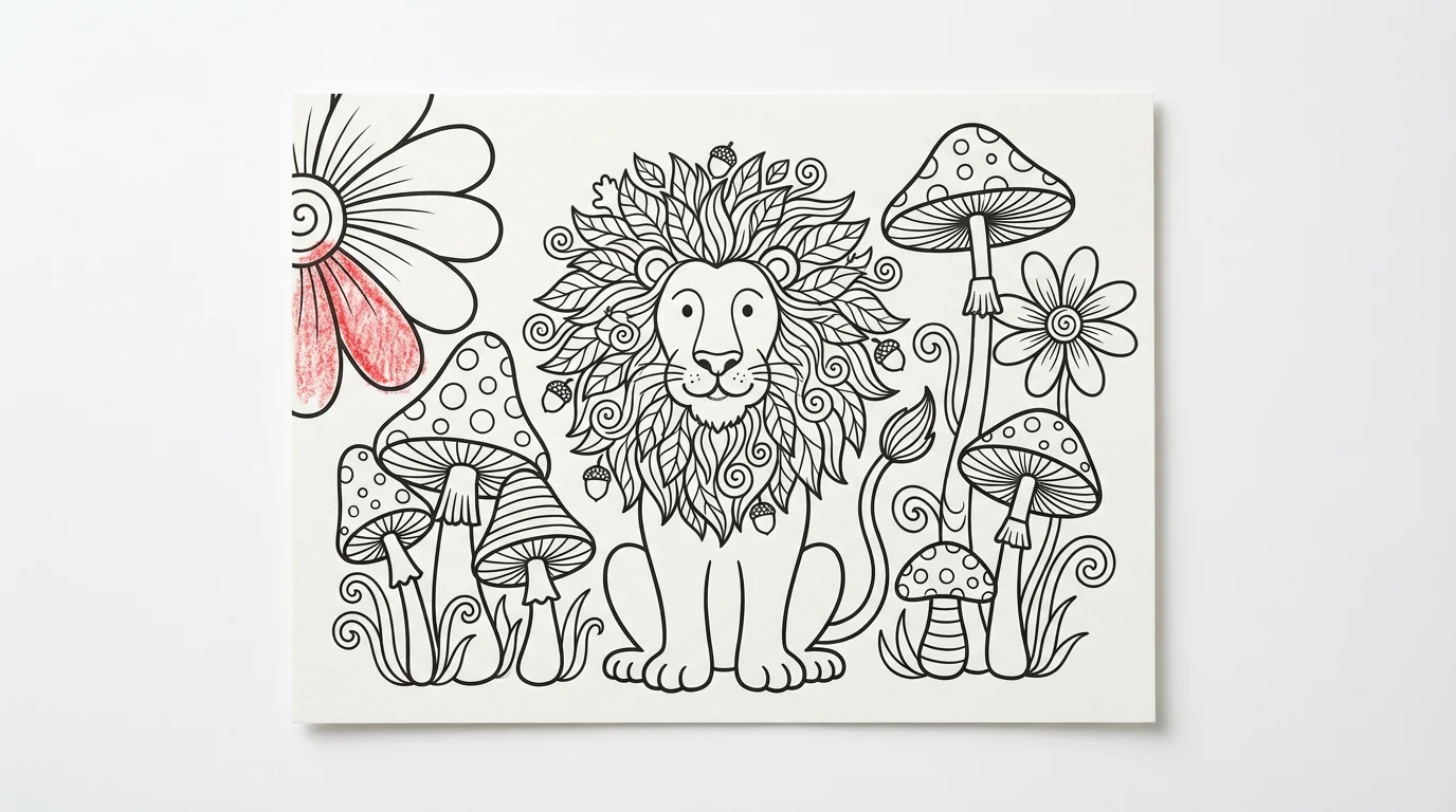 A children's coloring page on a white background featuring a black line art drawing of a friendly lion in a magical forest. A small part of a flower is colored red.