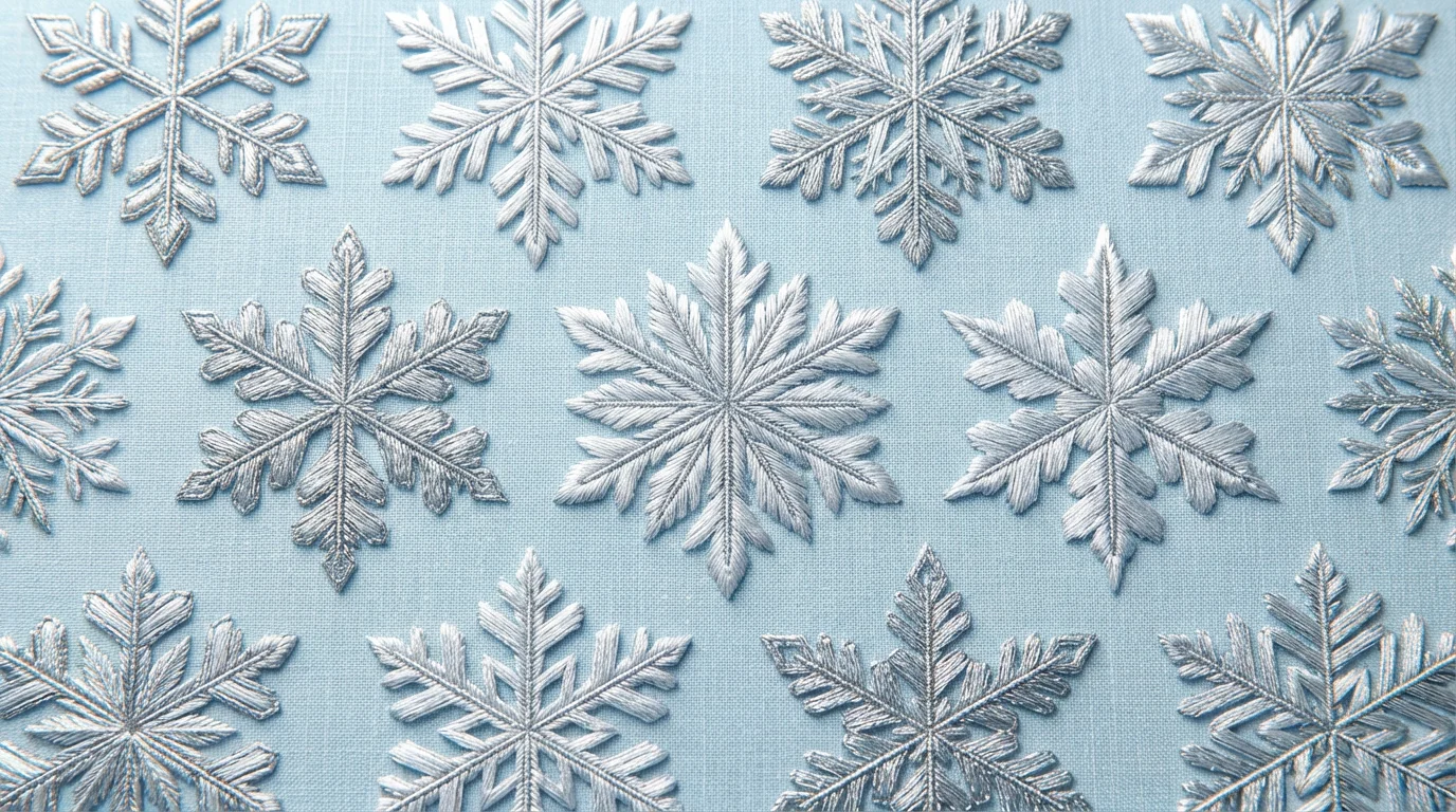 An elegant digital design of several intricate snowflake embroidery patterns in white and shimmering silver, arranged beautifully on a light blue textured background.