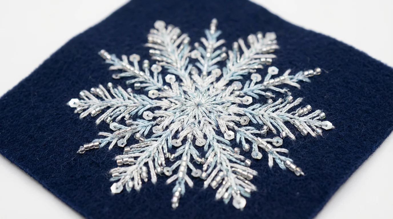 A detailed close-up of an embroidered snowflake, stitched with white and silver thread on dark fabric, set against a white background.