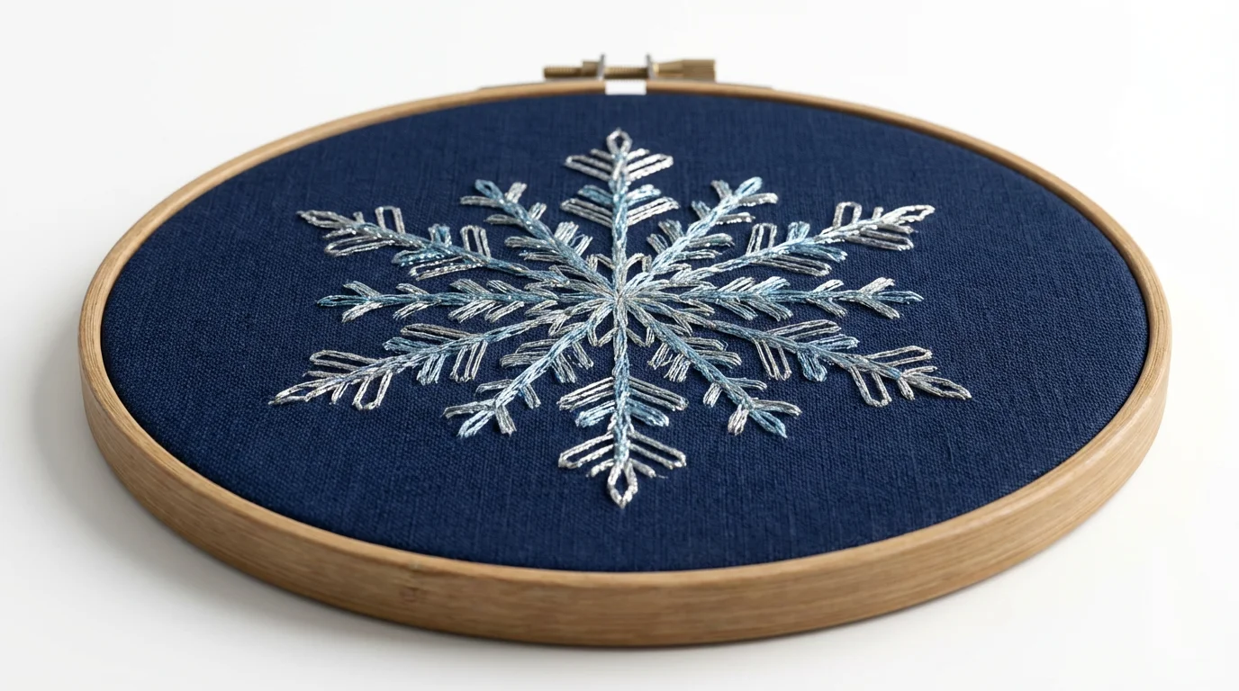 A close-up photograph of an intricate snowflake embroidered in silver and light blue thread on dark navy fabric, mounted in a wooden embroidery hoop against a plain white background.