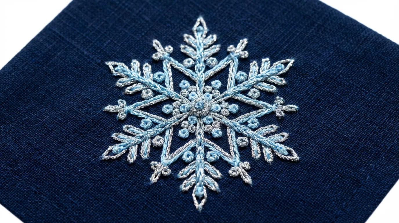 A detailed close-up of a beautiful snowflake embroidered in silver and light blue thread on a navy blue fabric, showcased as a product mockup against a clean white background.