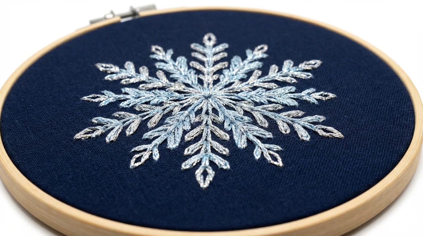 A photorealistic mockup of a complex snowflake embroidery design, stitched with shimmering silver and blue thread onto dark navy fabric, displayed in a wooden embroidery hoop against a plain white background.