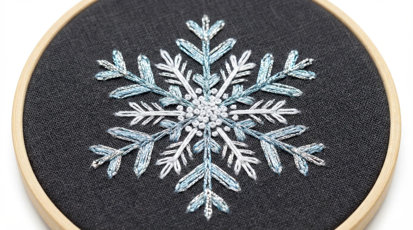 A hyper-realistic photo of a complex snowflake embroidered in silver, blue, and white thread on dark grey fabric, held within a wooden embroidery hoop against a plain white background.