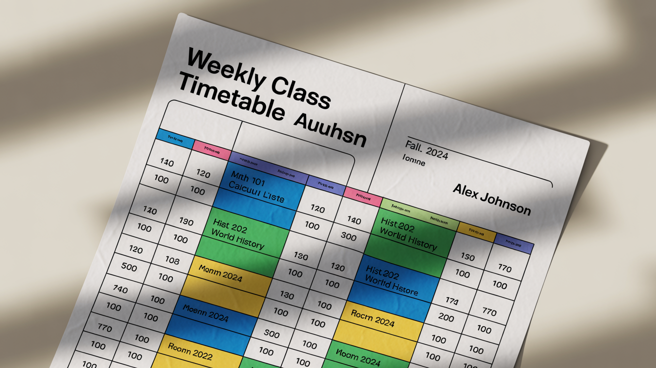 A polished, professionally designed weekly class timetable for a student named Alex Johnson, showing color-coded blocks for subjects like Math and History on a clean grid layout for the Fall 2024 semester.