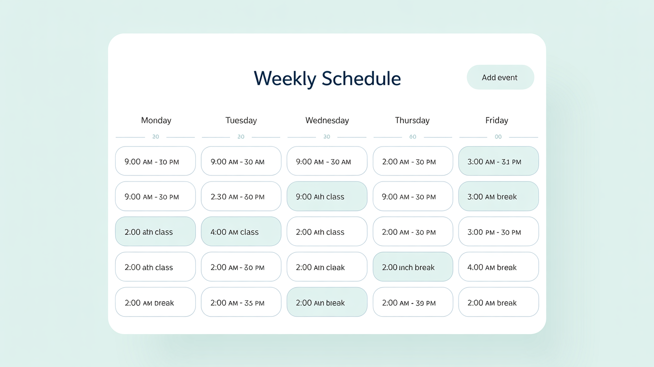 A clean and modern weekly timetable mockup on a white background, featuring a colorful grid for scheduling activities from Monday to Friday.