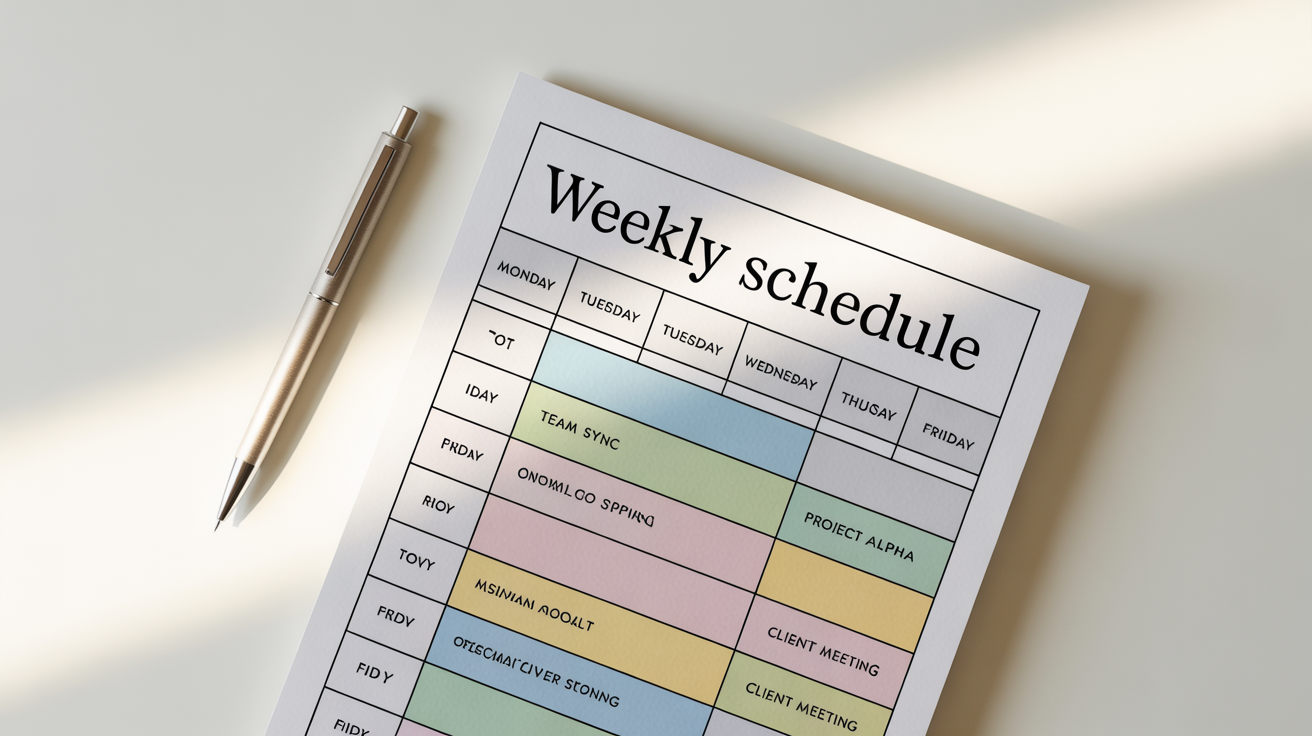 A visually appealing and organized weekly timetable mockup on a white background, featuring color-coded appointments and a sleek pen alongside it, conveying a sense of efficient planning.