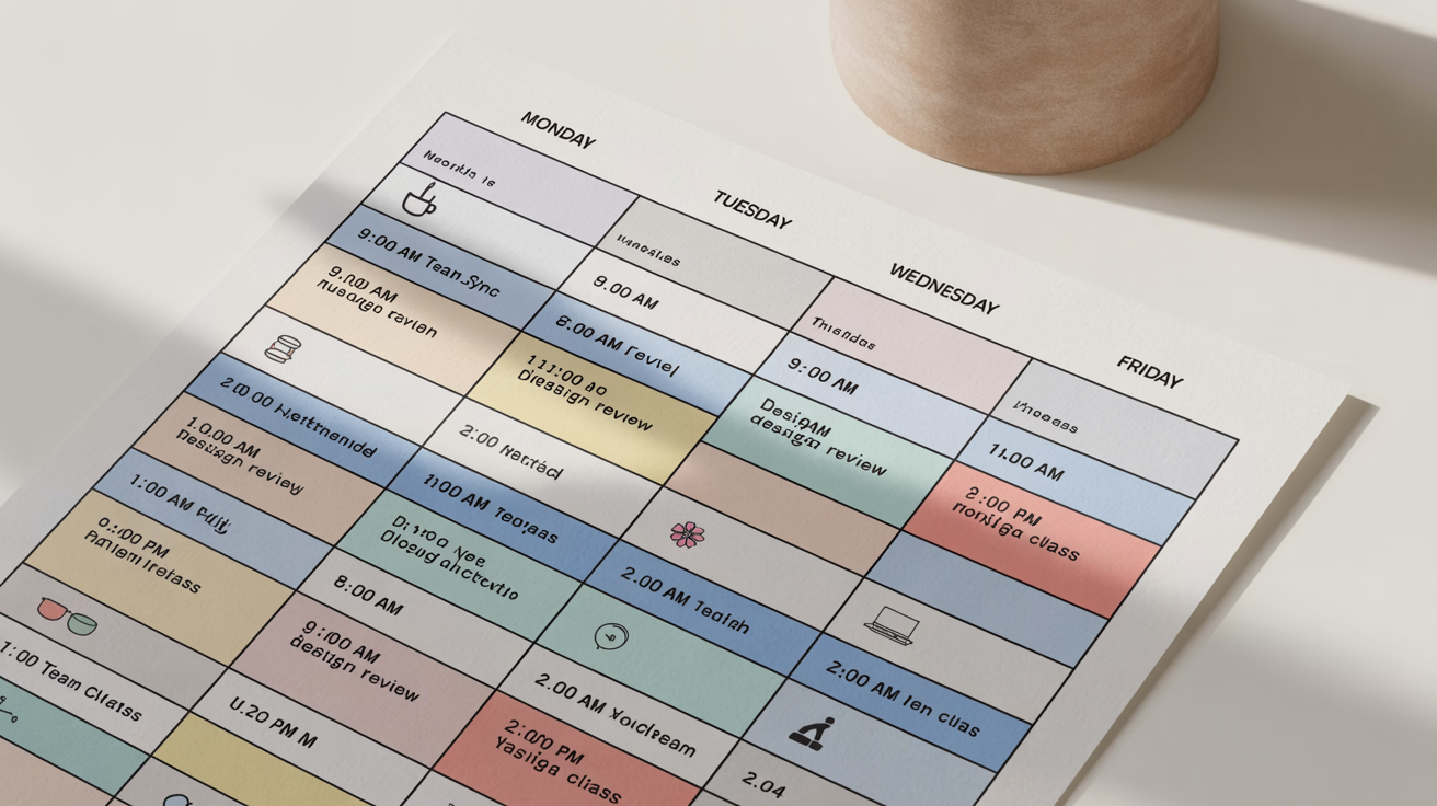 A modern, colorful weekly timetable mockup on a white background, showing scheduled activities like 'Team Sync' and 'Yoga Class' for each day from Monday to Friday.