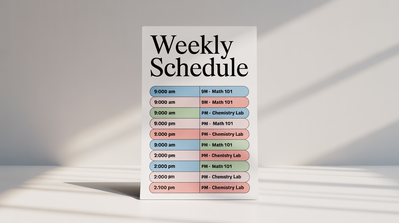 A mockup of a modern, color-coded weekly school timetable with fictional class names like 'Math 101' and 'Art History', displayed in a clean grid format on a white background.