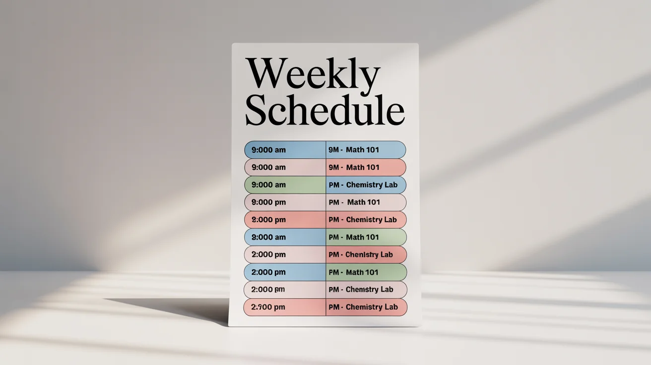 A mockup of a modern, color-coded weekly school timetable with fictional class names like 'Math 101' and 'Art History', displayed in a clean grid format on a white background.