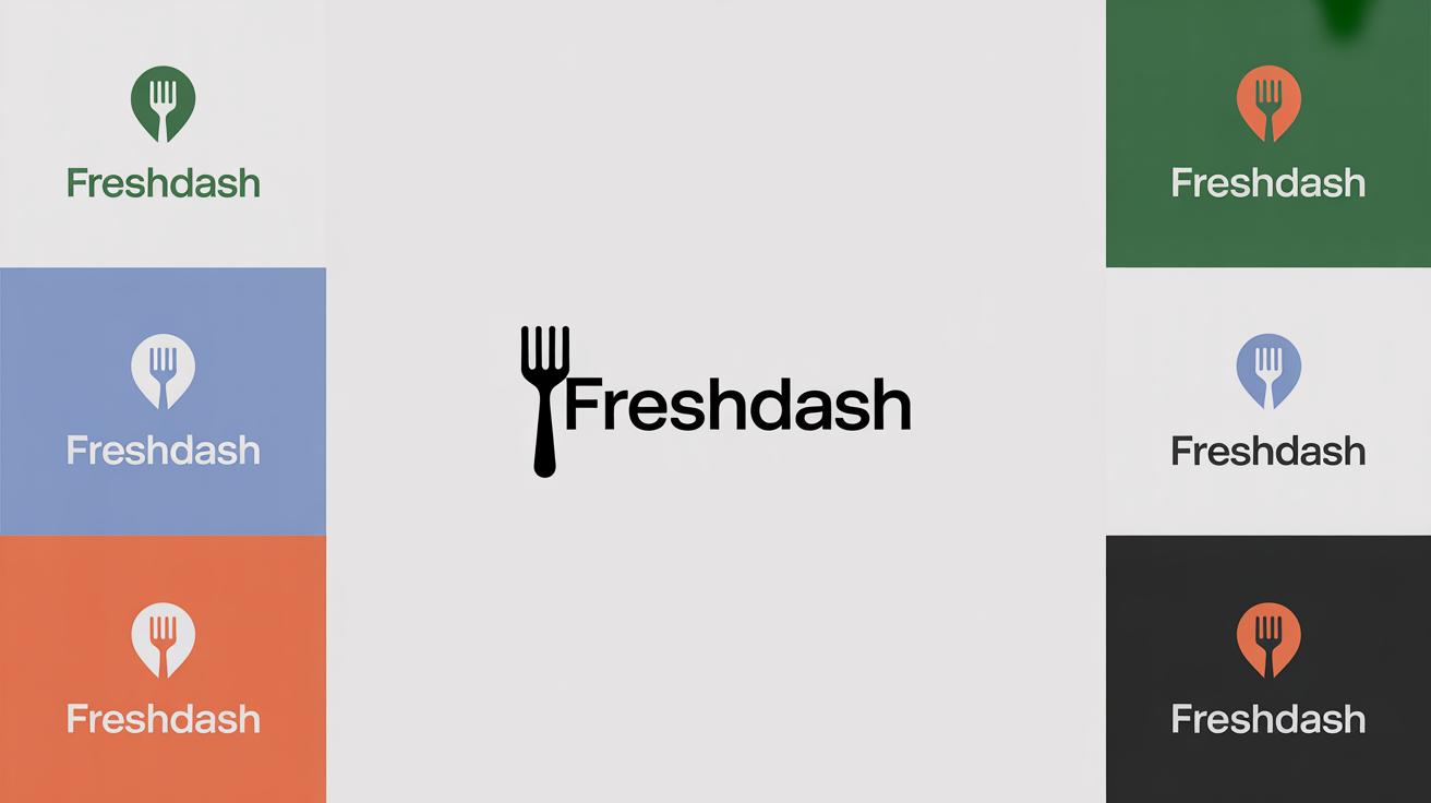 A showcase of several professionally designed logos for a food delivery company named 'FreshDash', displayed in a clean grid format, representing the final output of a logo design tool.