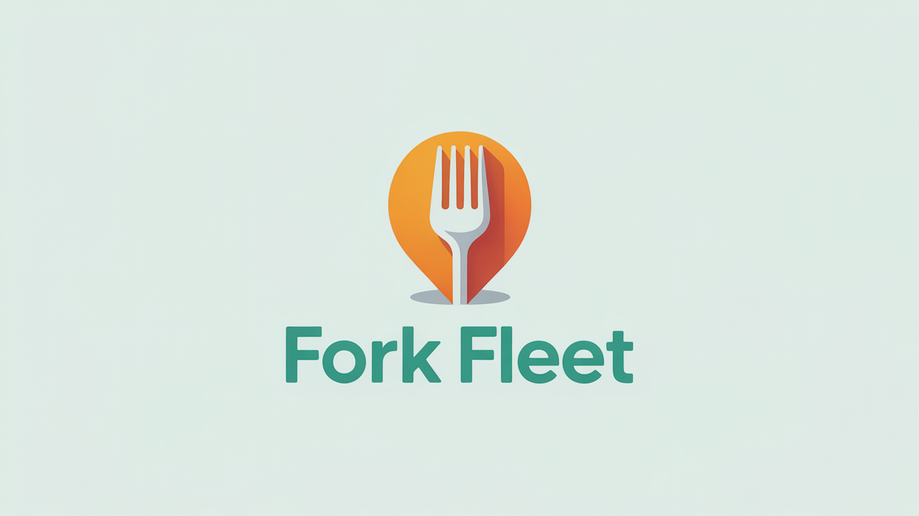 A modern logo for a food delivery service called 'Fork Fleet', featuring a stylized icon combining a fork and a location pin in orange and teal, on a white background.