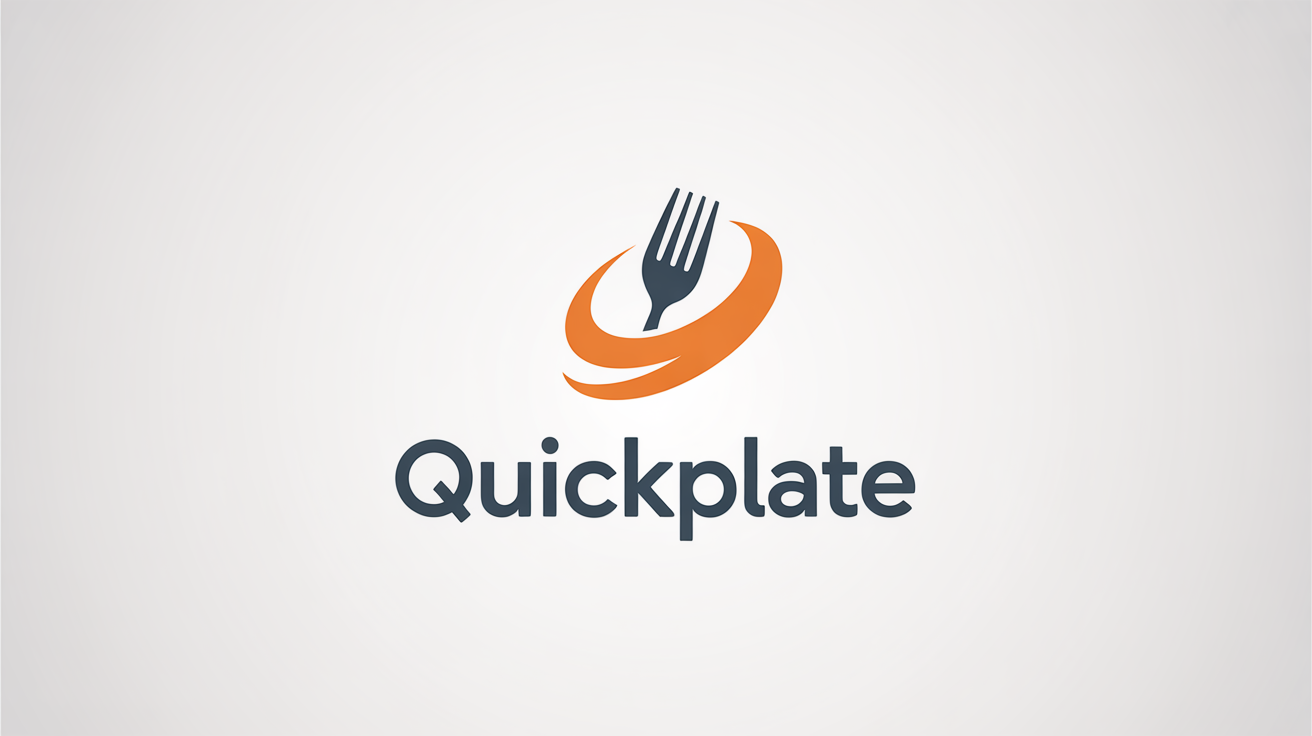 A modern food delivery logo for a company named 'QuickPlate', featuring a fork combined with a speed swoosh in orange and grey on a white background.
