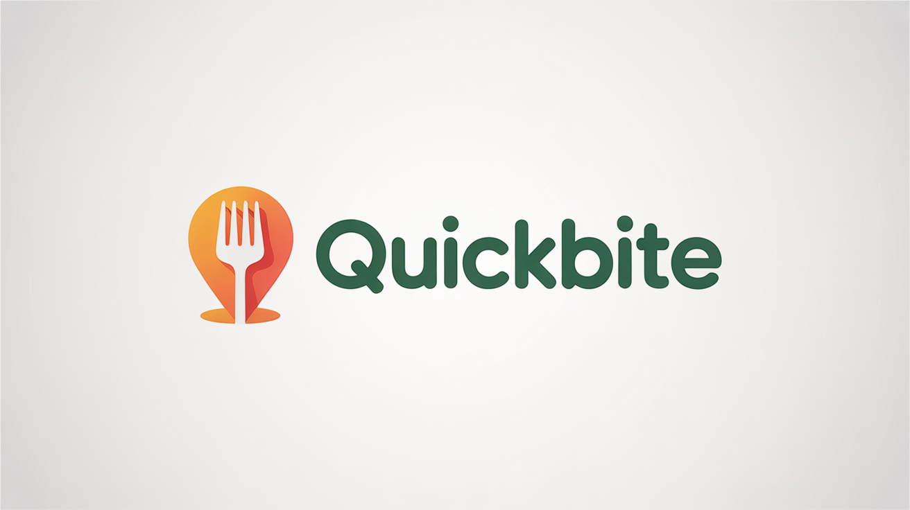A modern logo for a food delivery service. An orange location pin with a fork shape inside is on the left, and the word 'QuickBite' is written in green on the right, all on a white background.
