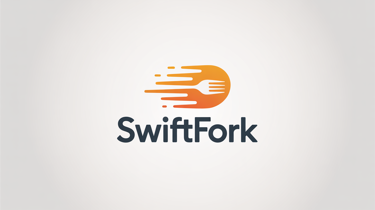 A minimalist logo for a food delivery service named 'SwiftFork', featuring an orange icon of a fork with a speed swoosh, on a white background.