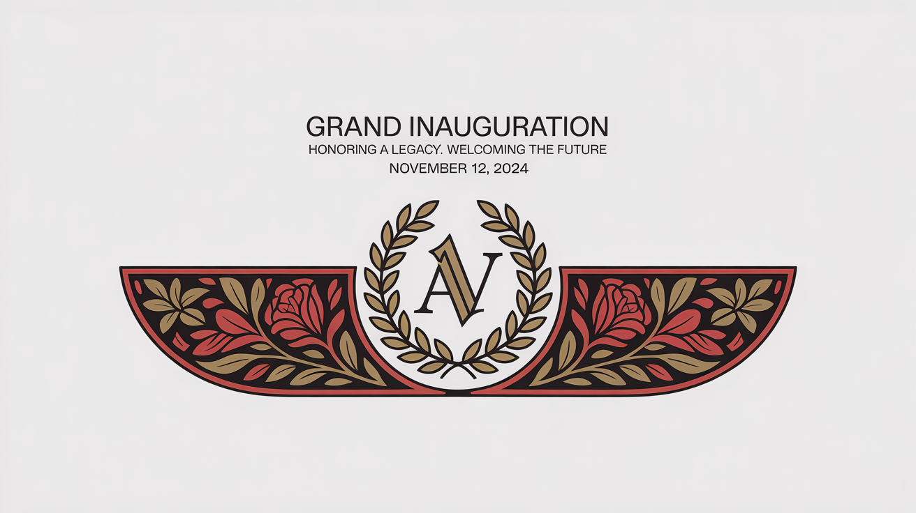 A professionally designed inauguration banner with a central gold logo, red and gold borders, and elegant gold text that reads 'Grand Inauguration'.