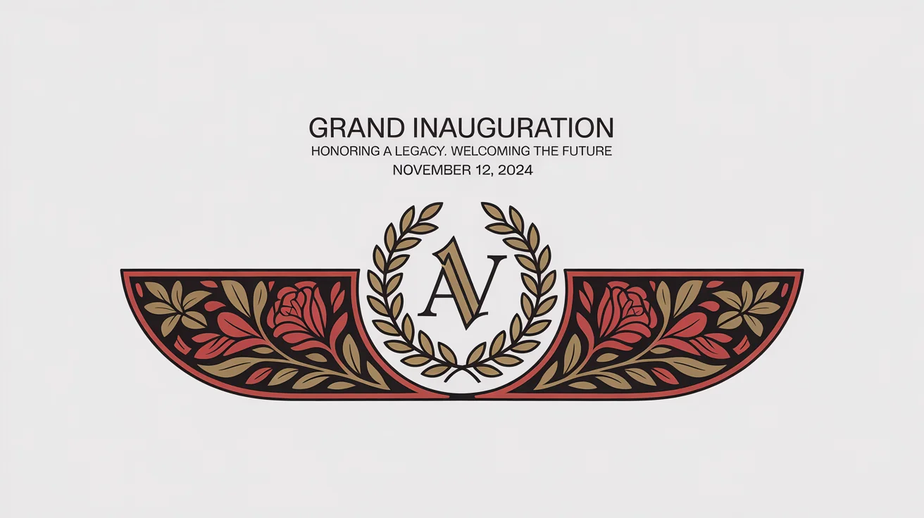 A professionally designed inauguration banner with a central gold logo, red and gold borders, and elegant gold text that reads 'Grand Inauguration'.