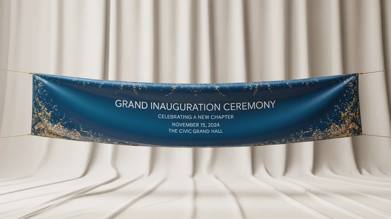 A professional mockup of a formal inauguration banner with a navy blue and gold design, featuring the text 'Grand Inauguration Ceremony' on a clean white background.