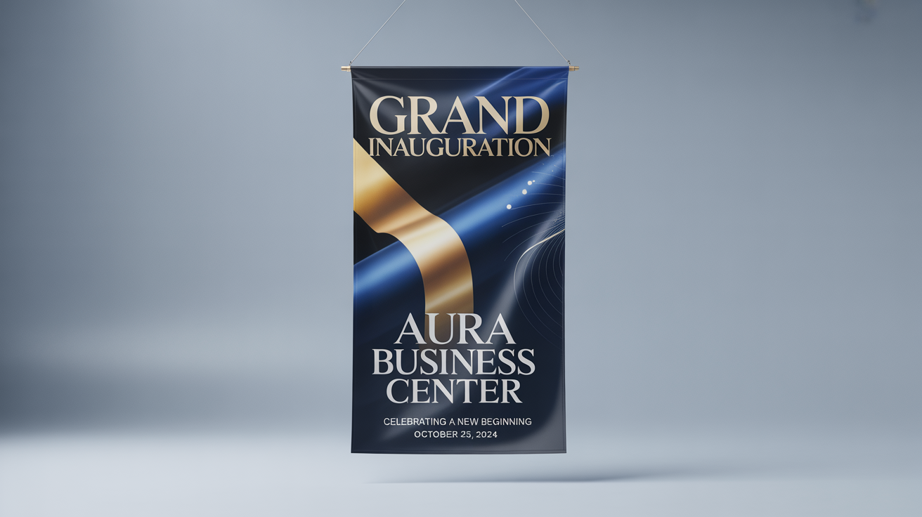 A professional mockup of a navy blue and gold vertical inauguration banner for the 'Aura Business Center', displayed against a clean white background.