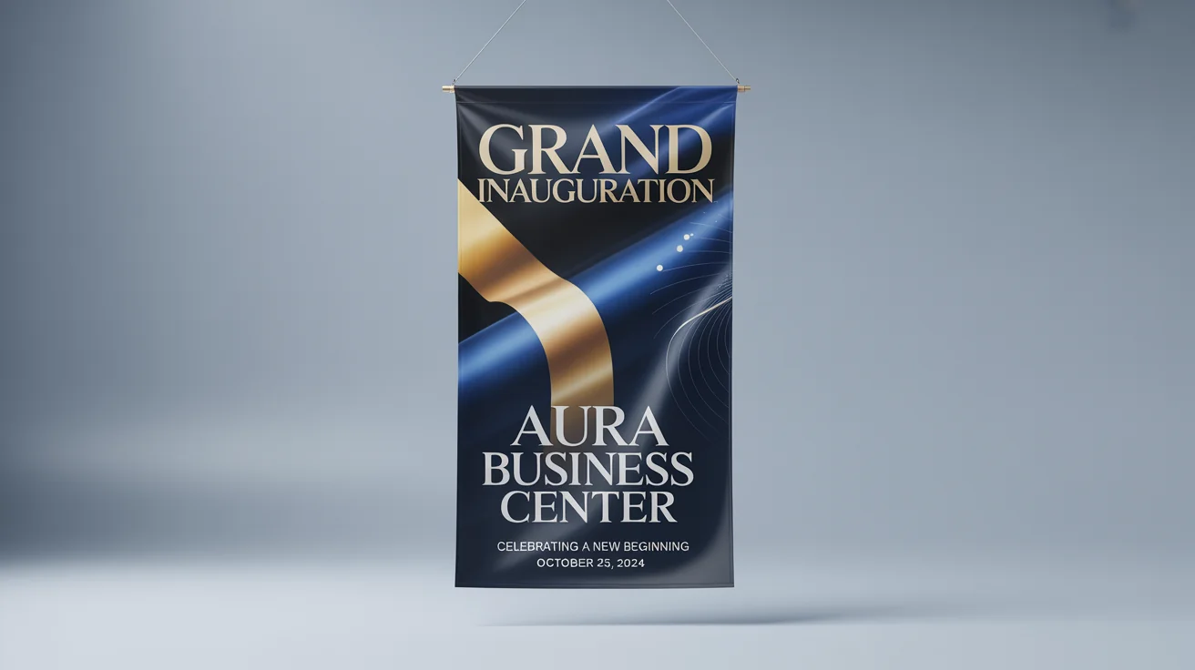 A professional mockup of a navy blue and gold vertical inauguration banner for the 'Aura Business Center', displayed against a clean white background.