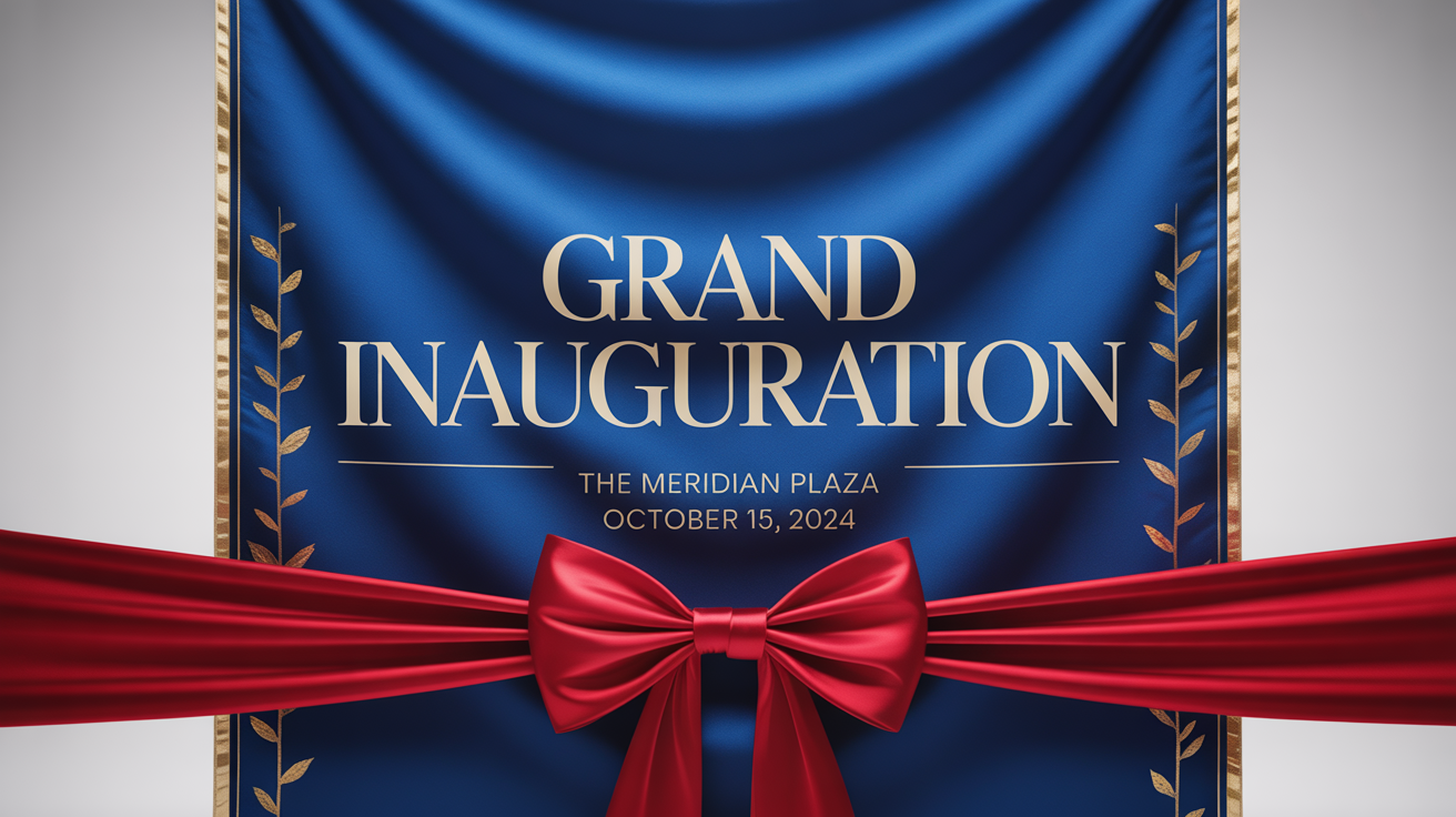 An elegant inauguration banner mockup in royal blue with gold text that reads 'Grand Inauguration, The Meridian Plaza, October 15, 2024', adorned with a large red satin ribbon and bow.