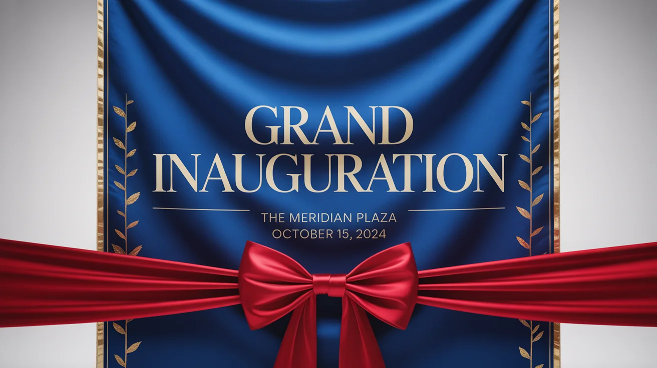 An elegant inauguration banner mockup in royal blue with gold text that reads 'Grand Inauguration, The Meridian Plaza, October 15, 2024', adorned with a large red satin ribbon and bow.