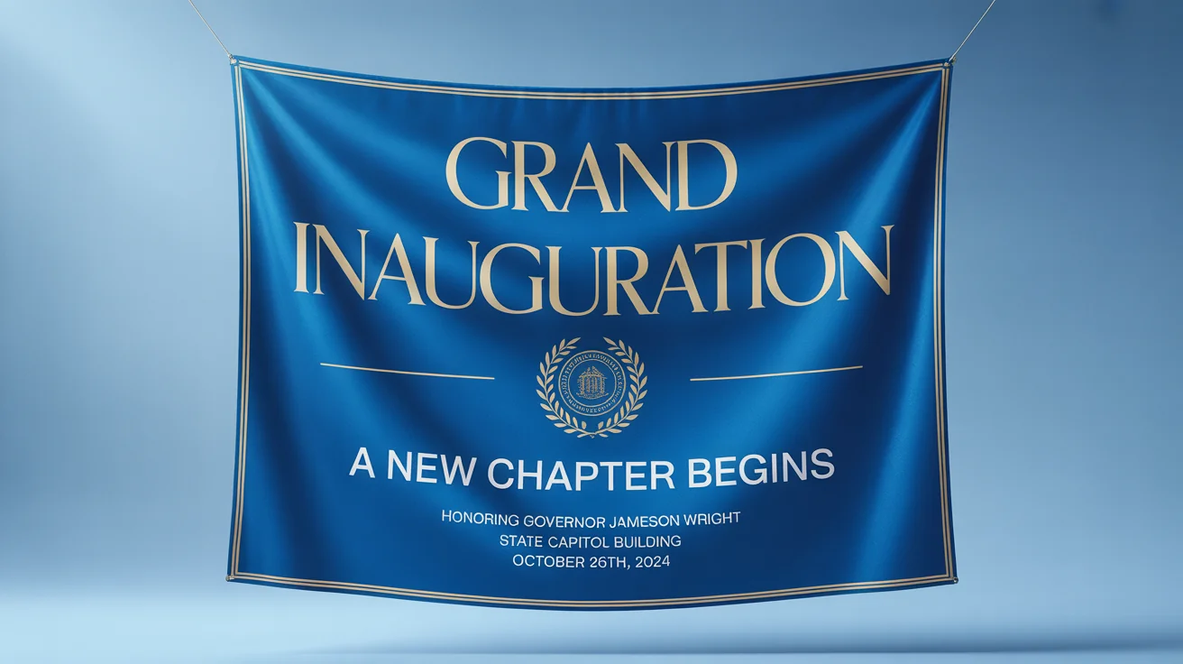 A mockup of a royal blue and gold inauguration banner for 'Governor Jameson Wright', with the title 'A New Chapter Begins', displayed on a white background.