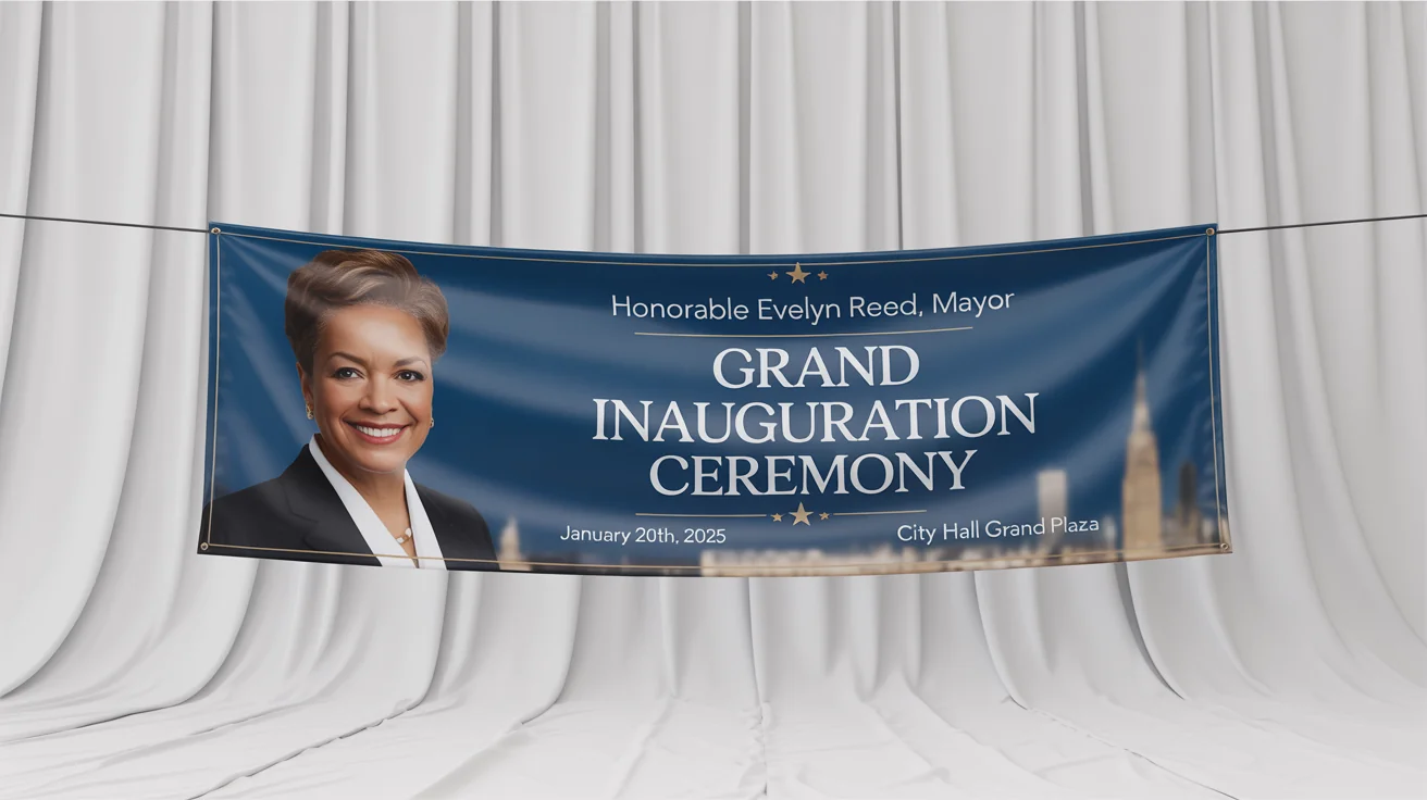 A professionally designed inauguration banner mockup for 'Honorable Evelyn Reed' as Mayor, featuring her portrait and event details for a ceremony on 'January 20th, 2025', set against a clean white background.