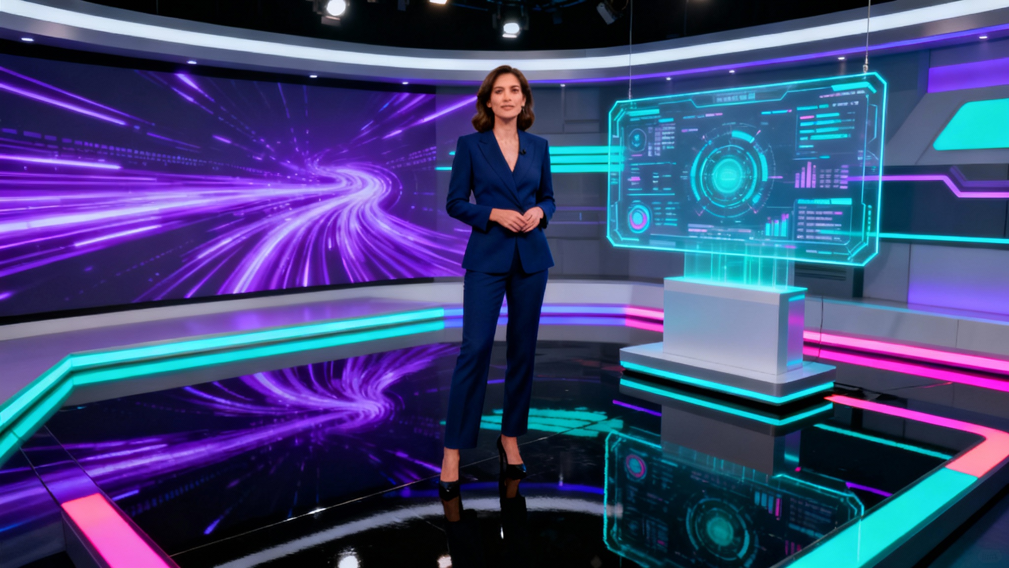 A female host in a business suit presenting from a futuristic virtual set with glowing blue and purple graphics and a holographic display, showcasing a professional virtual production.